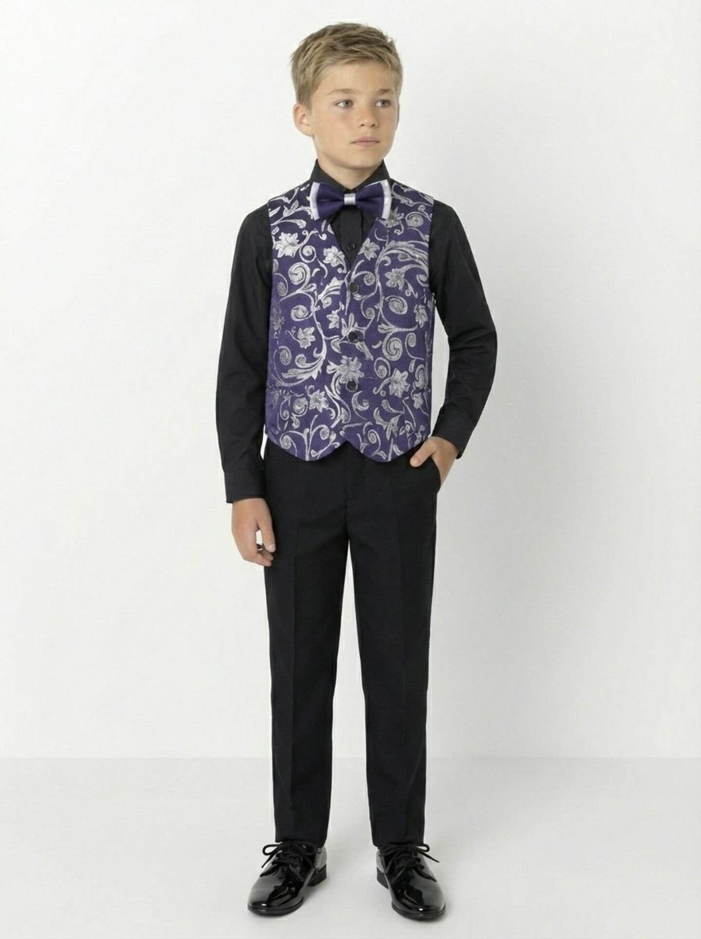 Robert Dark Purple Jacquard 3-Piece Boys Formal Suit Jacket, Waistcoat & Trousers | Lucys