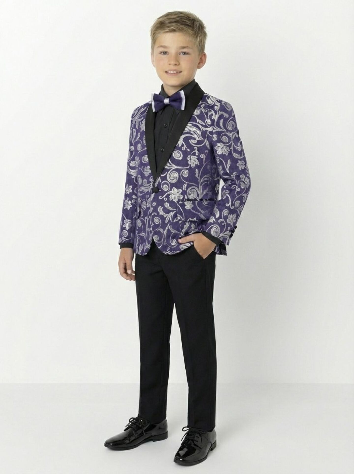 Robert Dark  Purple Jacquard 2-Piece Boys Suit Blazer & Trousers | Lucys