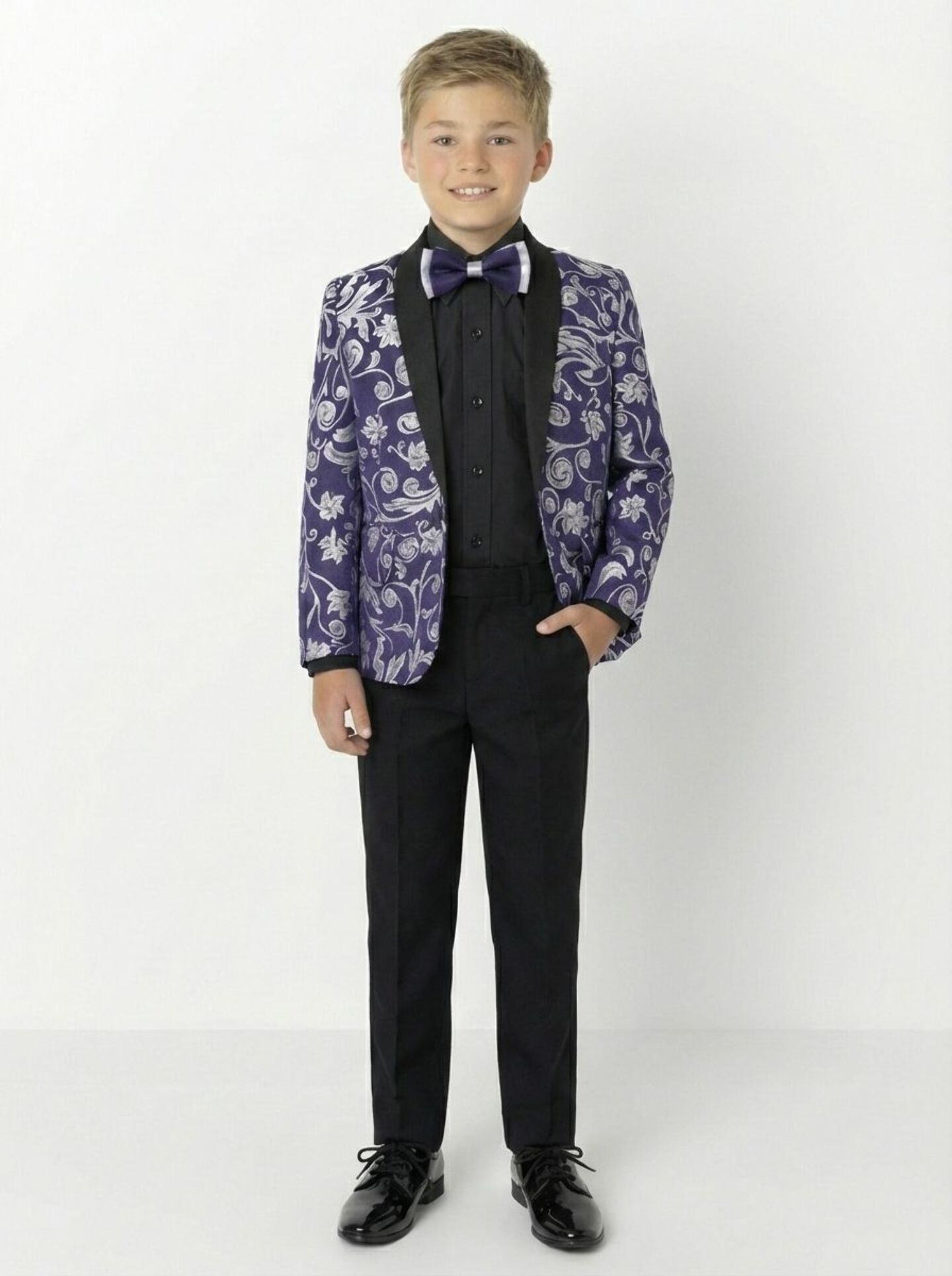 Robert Dark  Purple Jacquard 2-Piece Boys Suit Blazer & Trousers | Lucys
