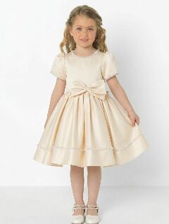 Agnes Champagne Satin Pearl-Trimmed Short Sleeve Young Girls Formal Dress with Oversized Bow | Lucys