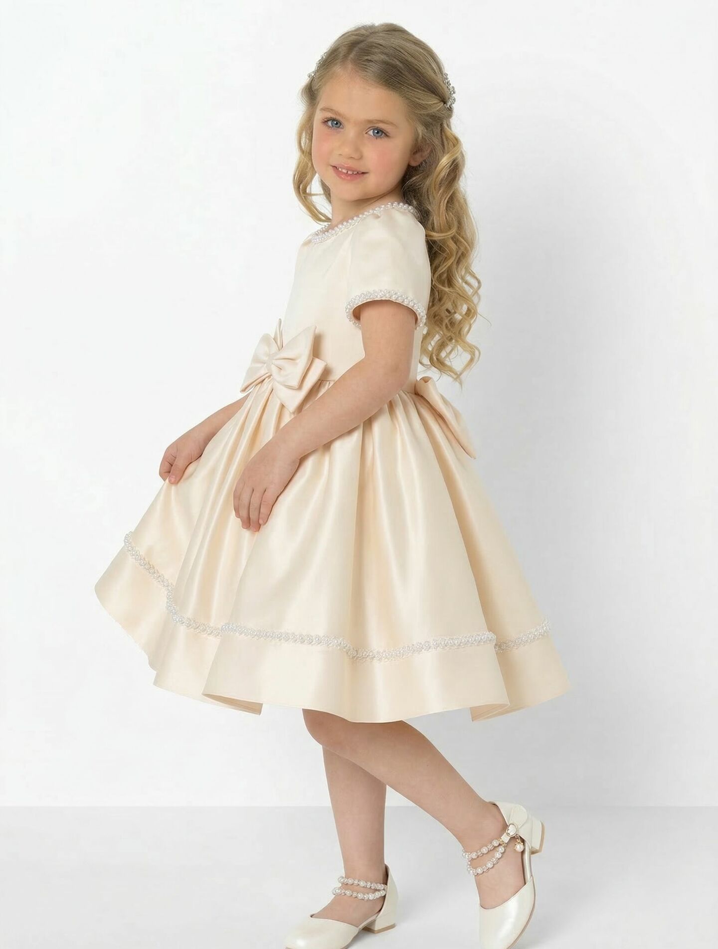 Agnes Champagne Satin Pearl-Trimmed Short Sleeve Young Girls Formal Dress with Oversized Bow | Lucys