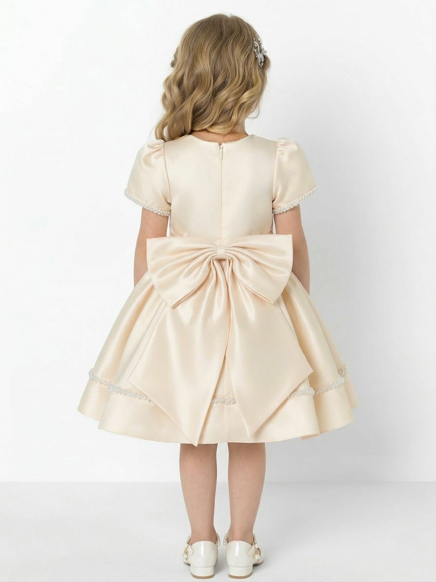 Agnes Champagne Satin Pearl-Trimmed Short Sleeve Young Girls Formal Dress with Oversized Bow | Lucys