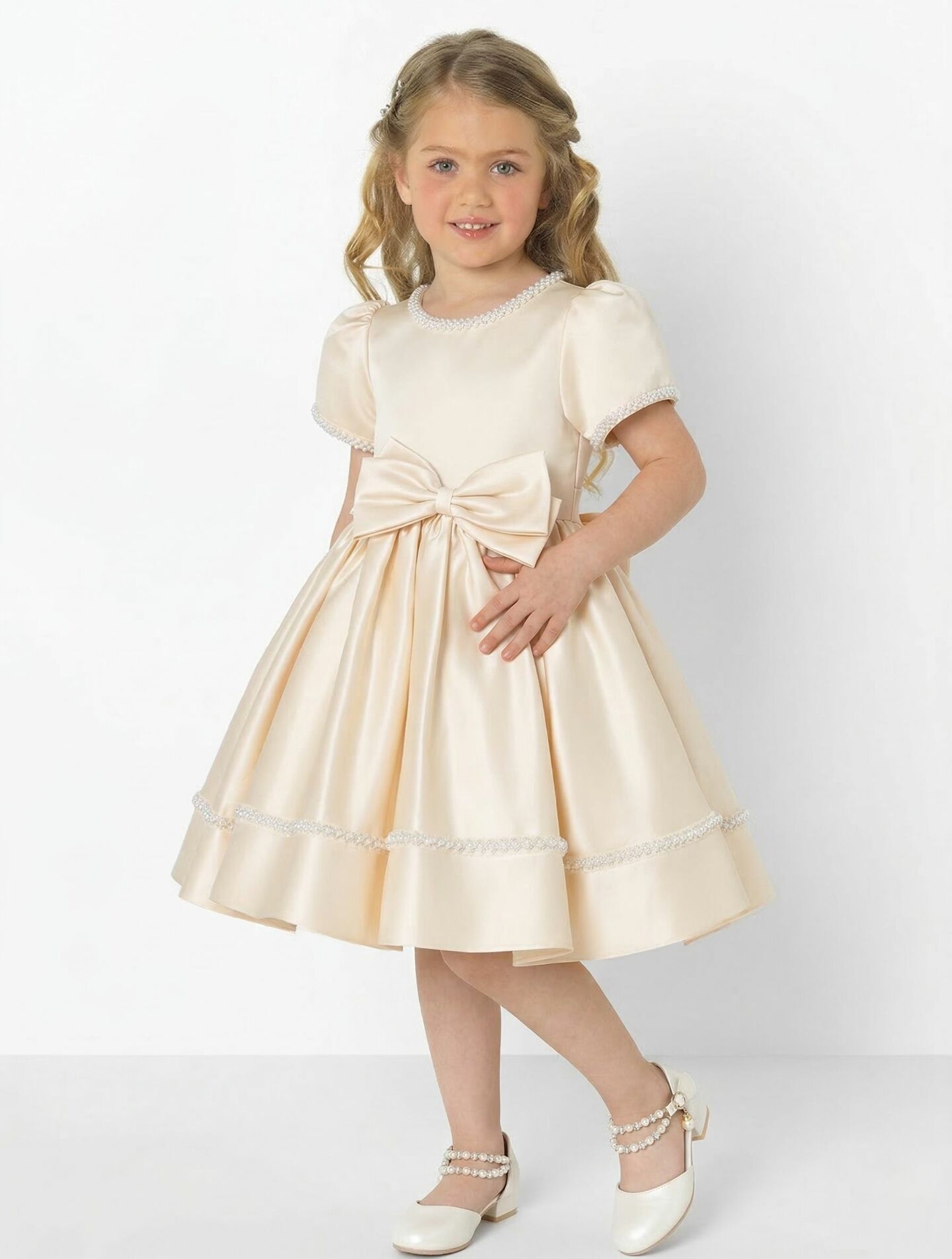 Agnes Champagne Satin Pearl-Trimmed Short Sleeve Young Girls Formal Dress with Oversized Bow | Lucys