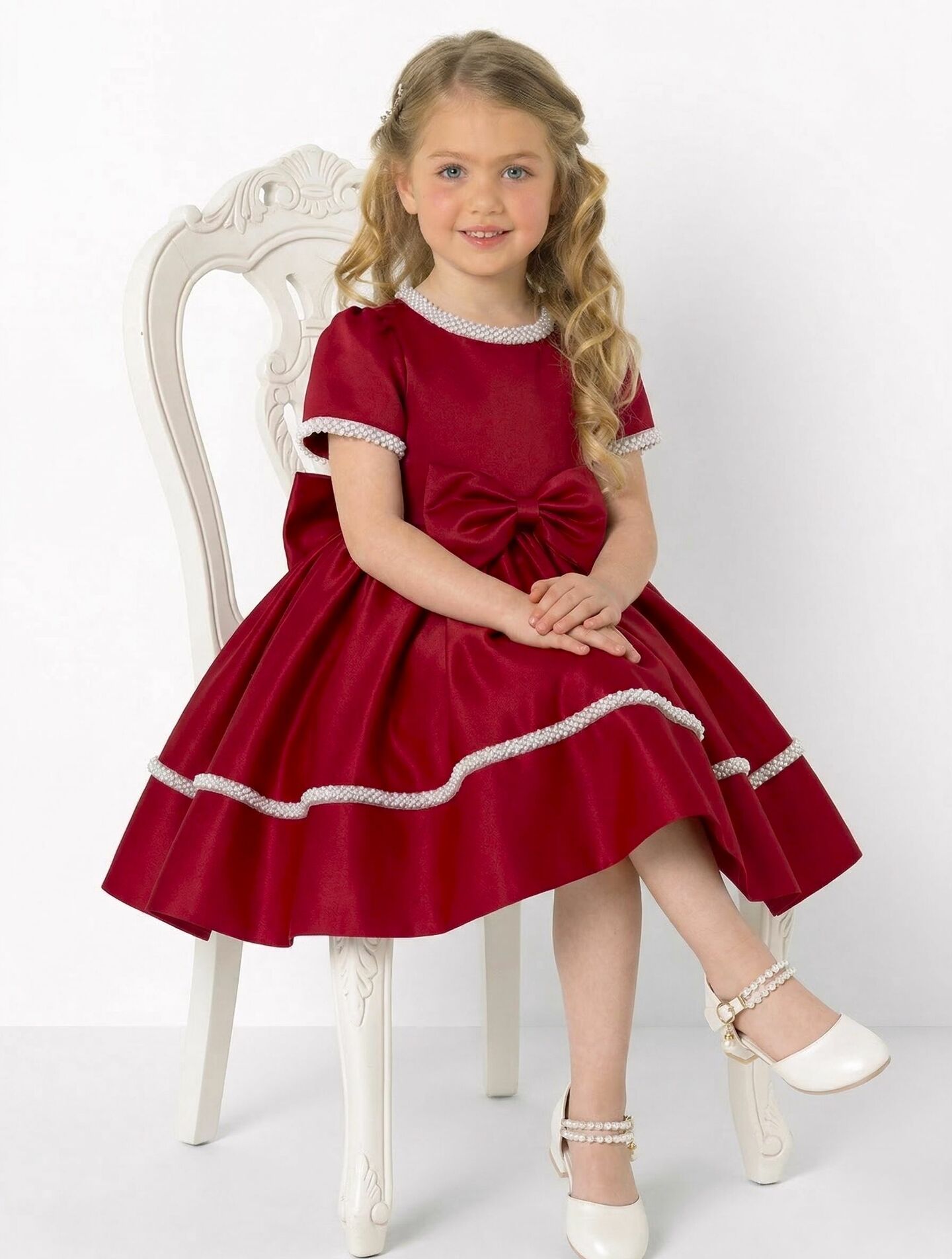 Agnes Maroon Satin Pearl-Trimmed Short Sleeve Young Girls Formal Dress with Oversized Bow | Lucys