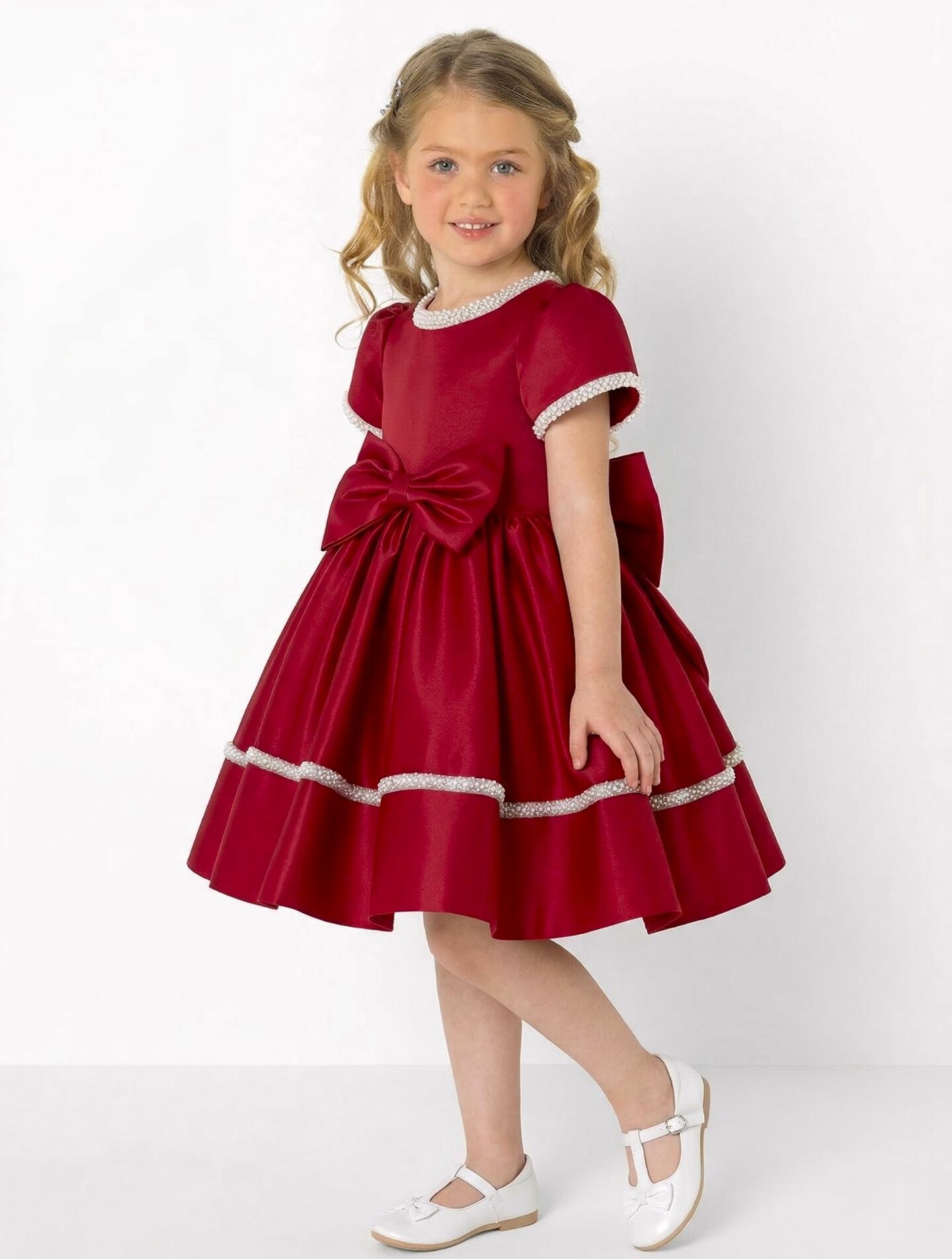 Agnes Maroon Satin Pearl-Trimmed Short Sleeve Young Girls Formal Dress with Oversized Bow | Lucys