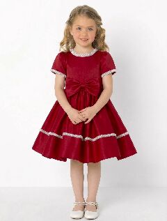 Agnes Maroon Satin Pearl-Trimmed Short Sleeve Young Girls Formal Dress with Oversized Bow | Lucys