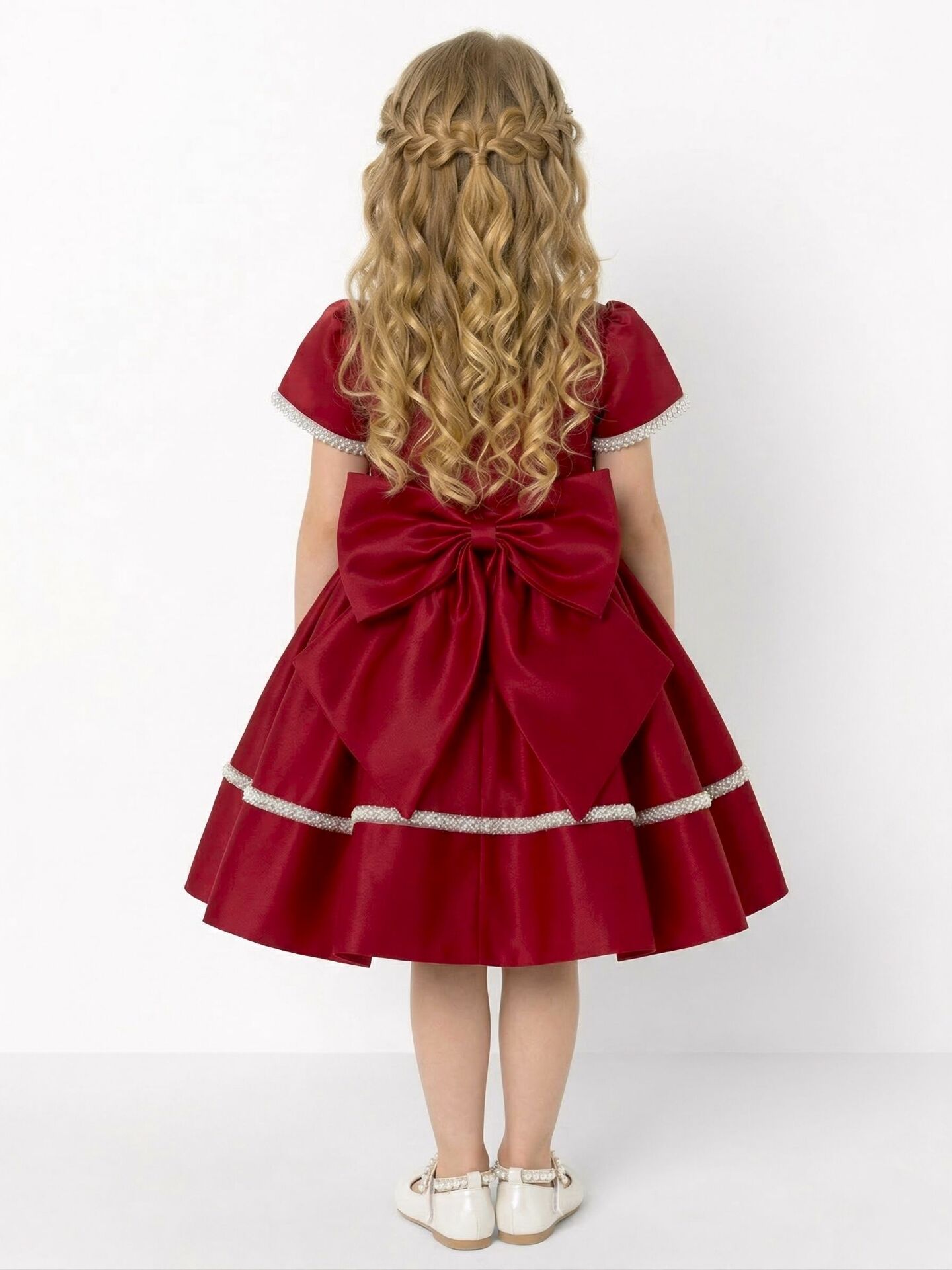 Agnes Maroon Satin Pearl-Trimmed Short Sleeve Young Girls Formal Dress with Oversized Bow | Lucys