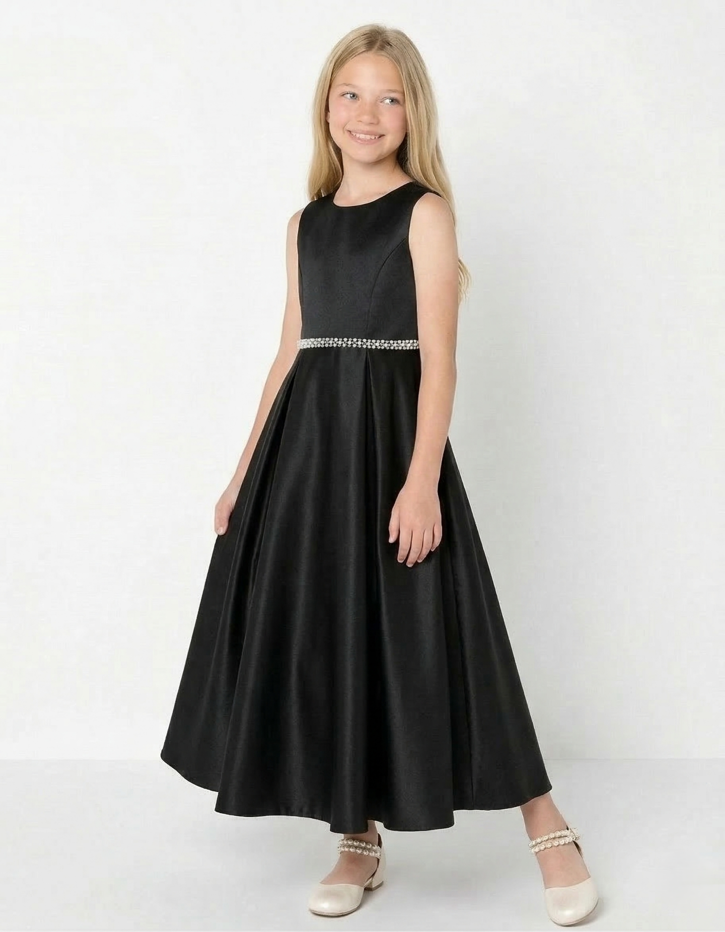 Evelyn Black Satin Sleeveless Girls Formal Dress with Crystal Waist & Oversized Back Bow | Lucys