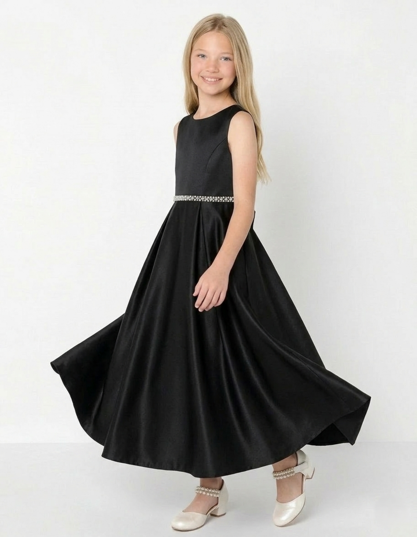 Evelyn Black Satin Sleeveless Girls Formal Dress with Crystal Waist & Oversized Back Bow | Lucys