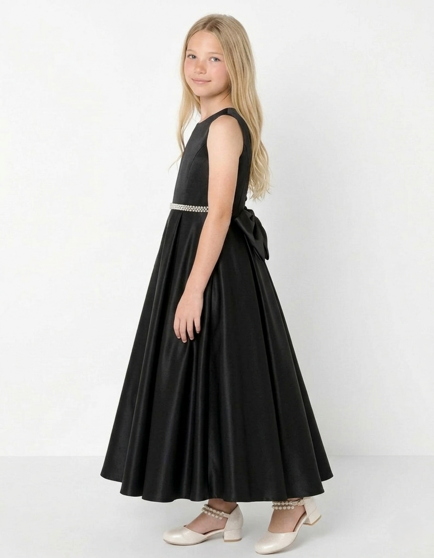 Evelyn Black Satin Sleeveless Girls Formal Dress with Crystal Waist & Oversized Back Bow | Lucys