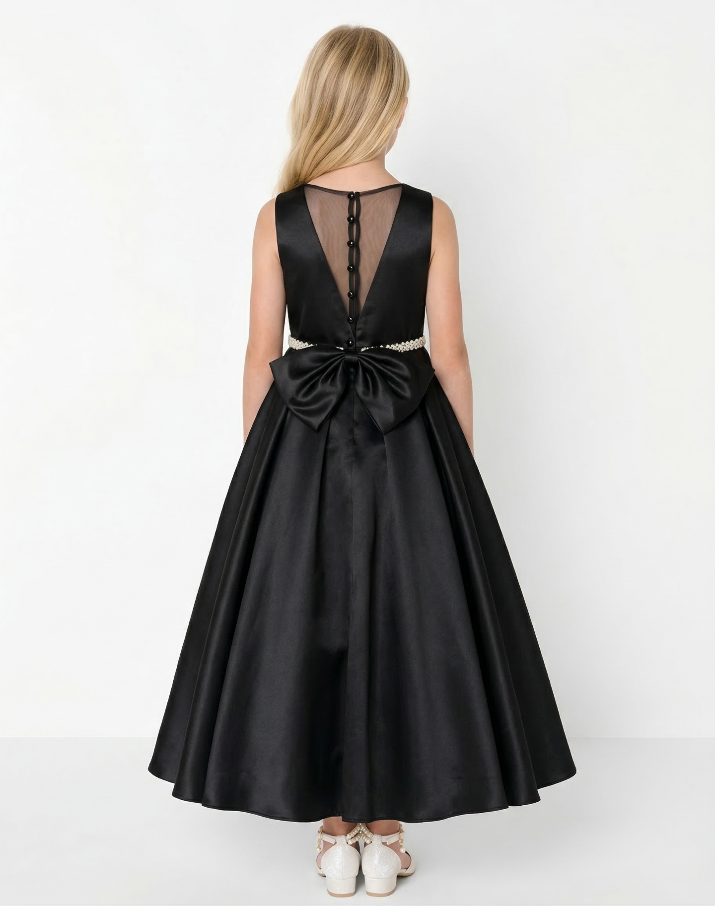 Evelyn Black Satin Sleeveless Girls Formal Dress with Crystal Waist & Oversized Back Bow | Lucys
