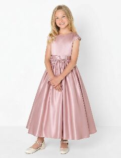 Alison Dusty Pink Satin Cap Sleeve Girls Bridesmaid Dress with V-Back & Satin Bow | Lucys