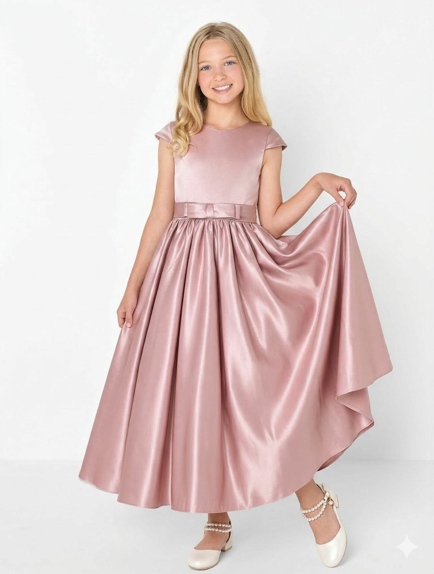 Alison Dusty Pink Satin Cap Sleeve Girls Bridesmaid Dress with V-Back & Satin Bow | Lucys