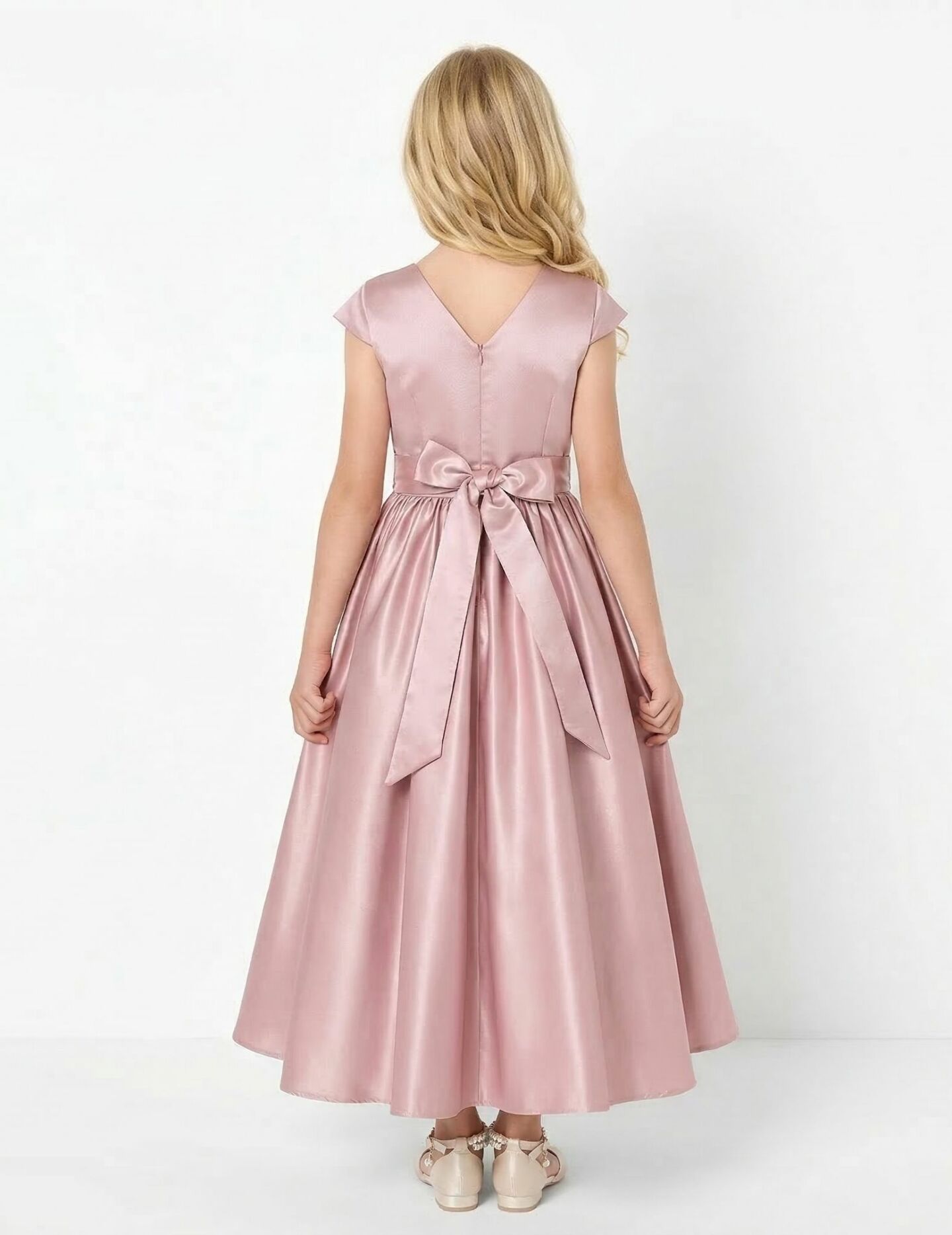 Alison Dusty Pink Satin Cap Sleeve Girls Bridesmaid Dress with V-Back & Satin Bow | Lucys