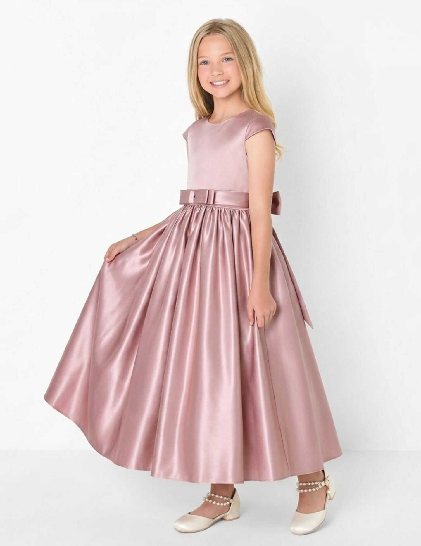 Alison Dusty Pink Satin Cap Sleeve Girls Bridesmaid Dress with V-Back & Satin Bow | Lucys