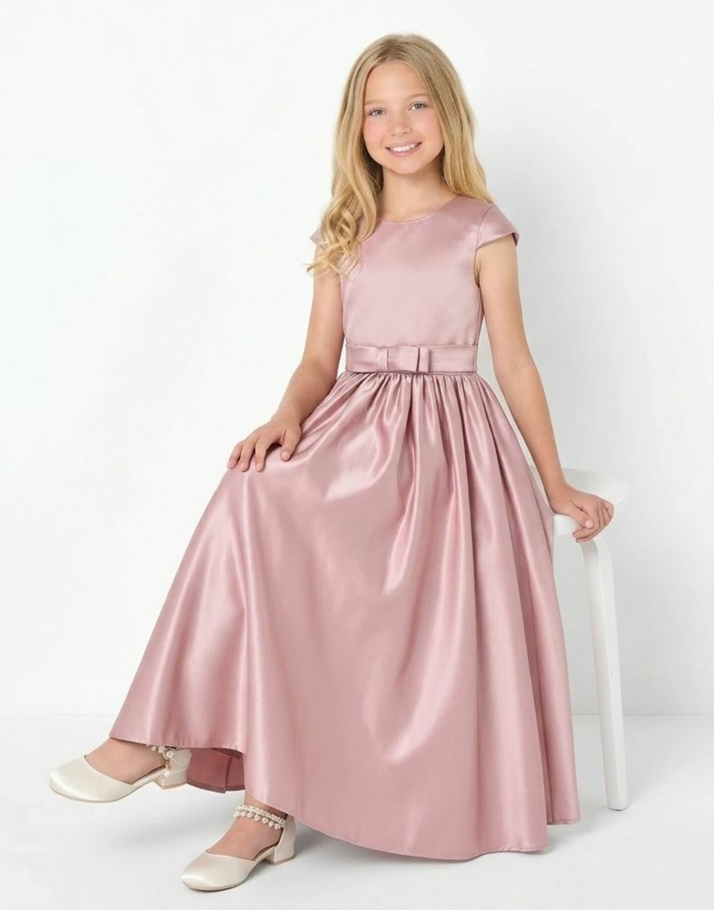 Alison Dusty Pink Satin Cap Sleeve Girls Bridesmaid Dress with V-Back & Satin Bow | Lucys