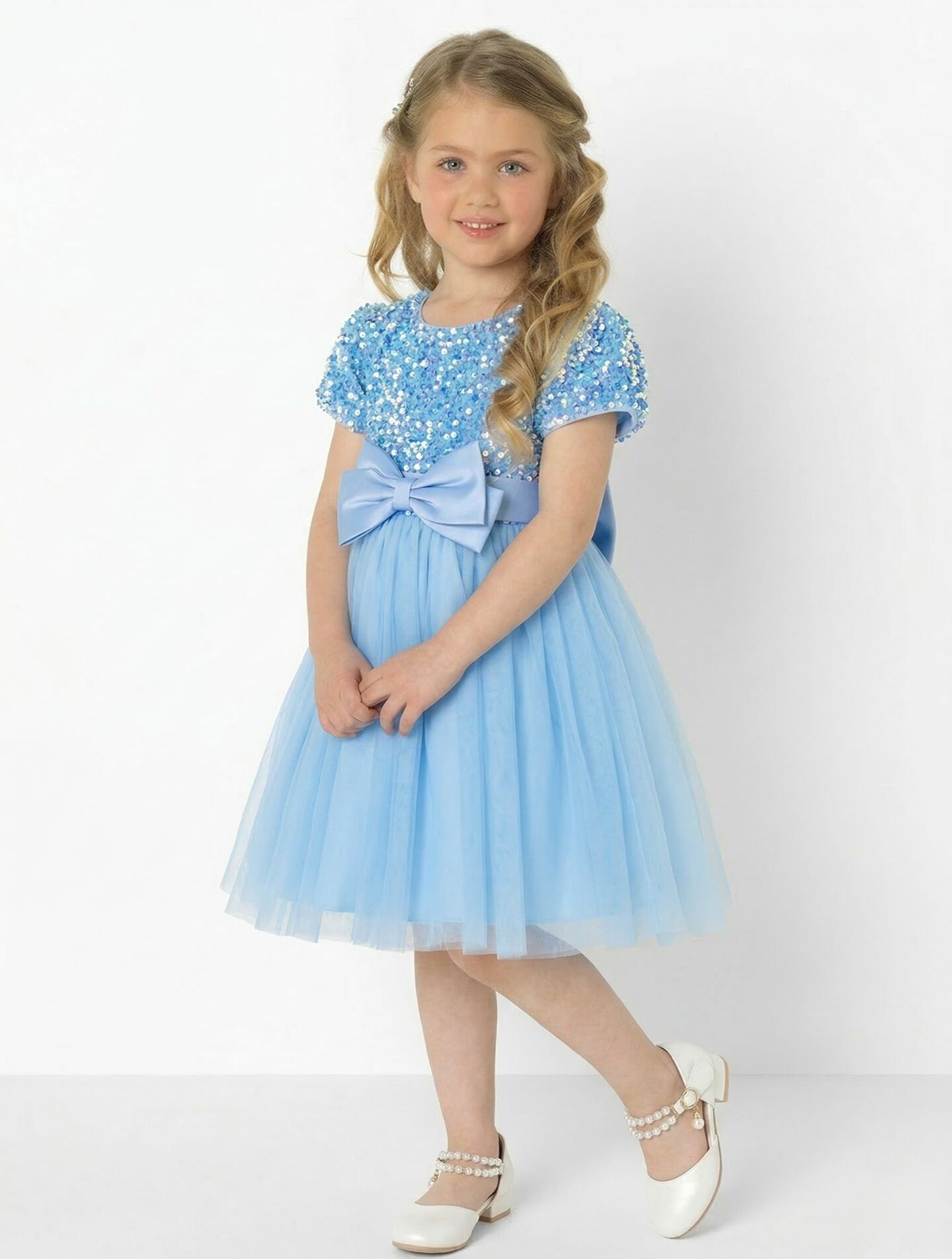 Alani Sky Blue Iridescent Sequin Puff Sleeve Girls Party Dress with Satin Bow | Lucys