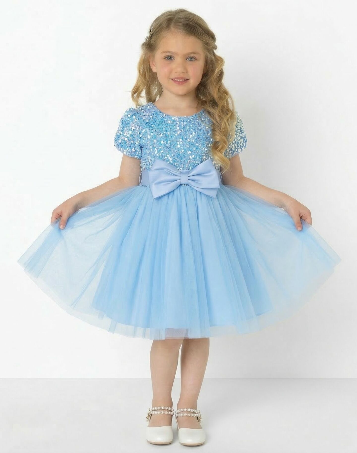 Alani Sky Blue Iridescent Sequin Puff Sleeve Girls Party Dress with Satin Bow | Lucys