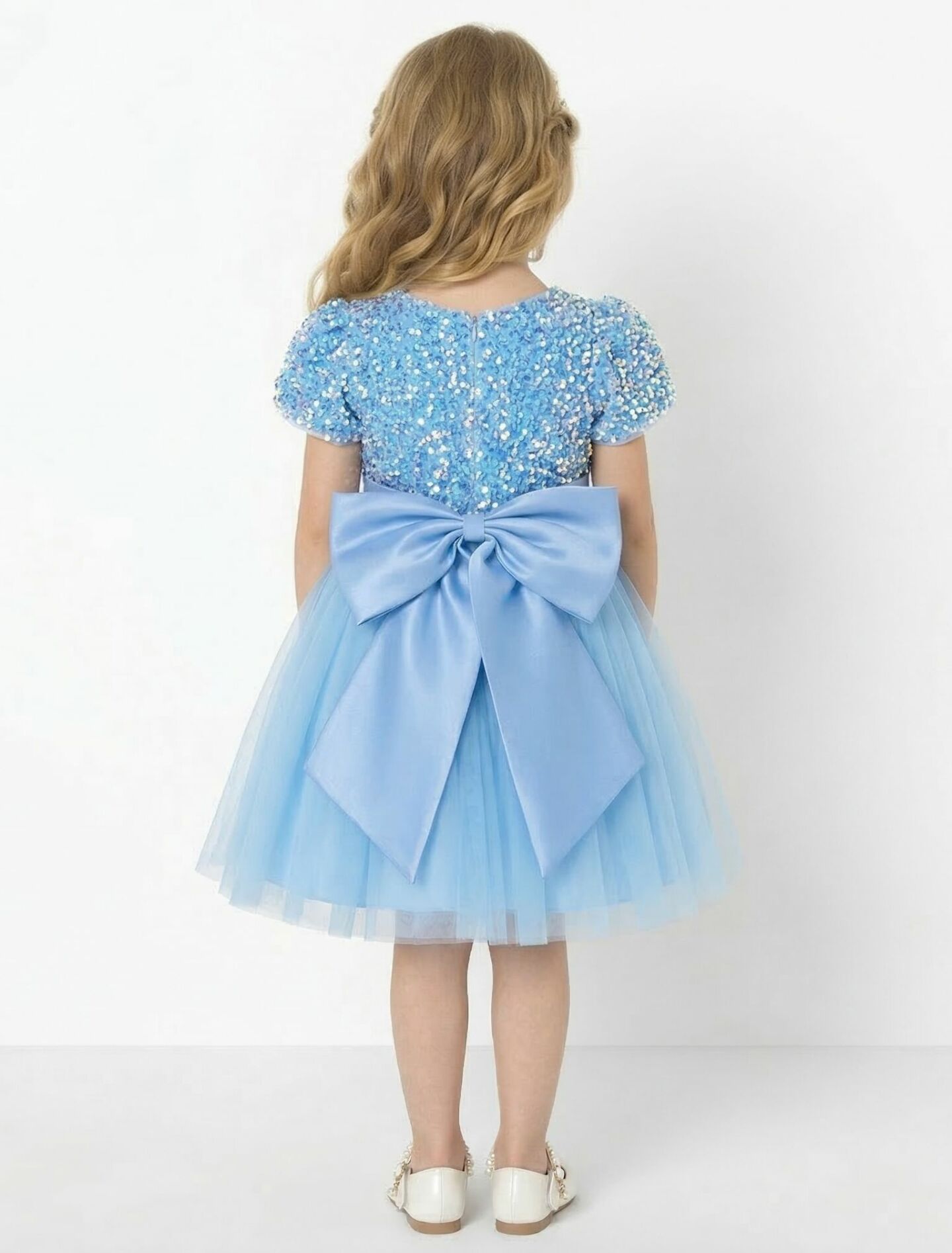 Alani Sky Blue Iridescent Sequin Puff Sleeve Girls Party Dress with Satin Bow | Lucys