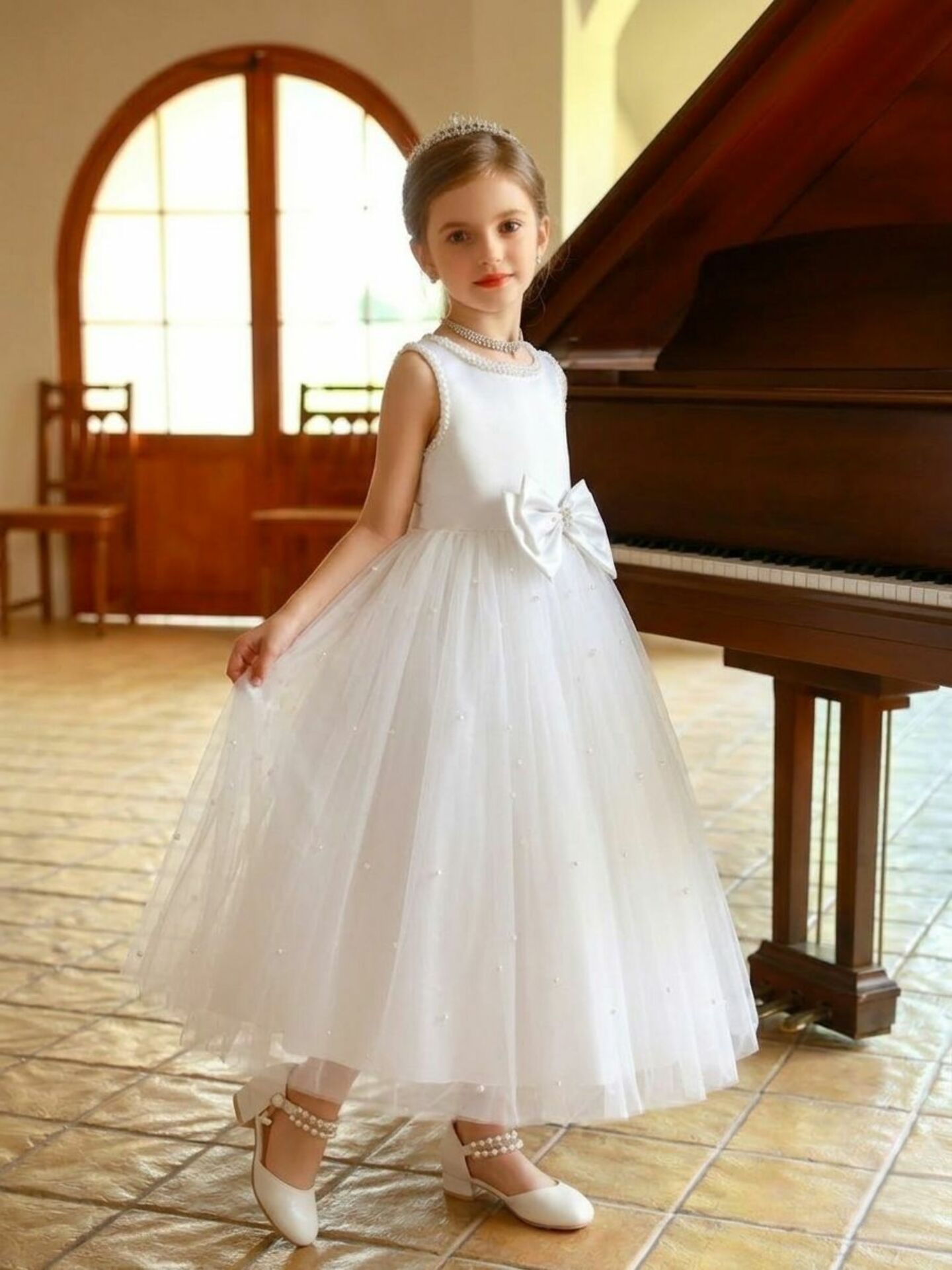 Linda White Pearl-Scattered Tulle Satin Bow Girls Formal Dress | Lucys