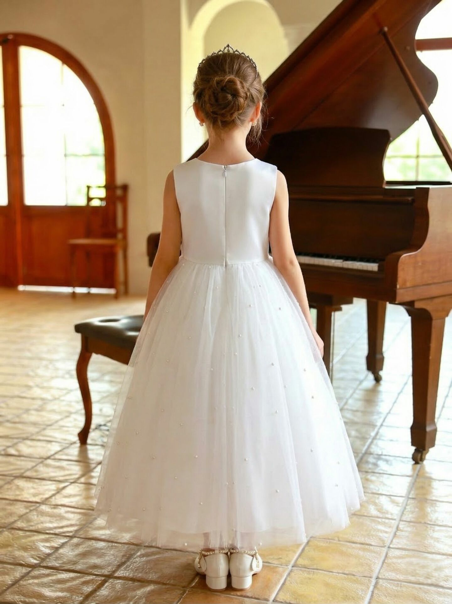 Linda White Pearl-Scattered Tulle Satin Bow Girls Formal Dress | Lucys