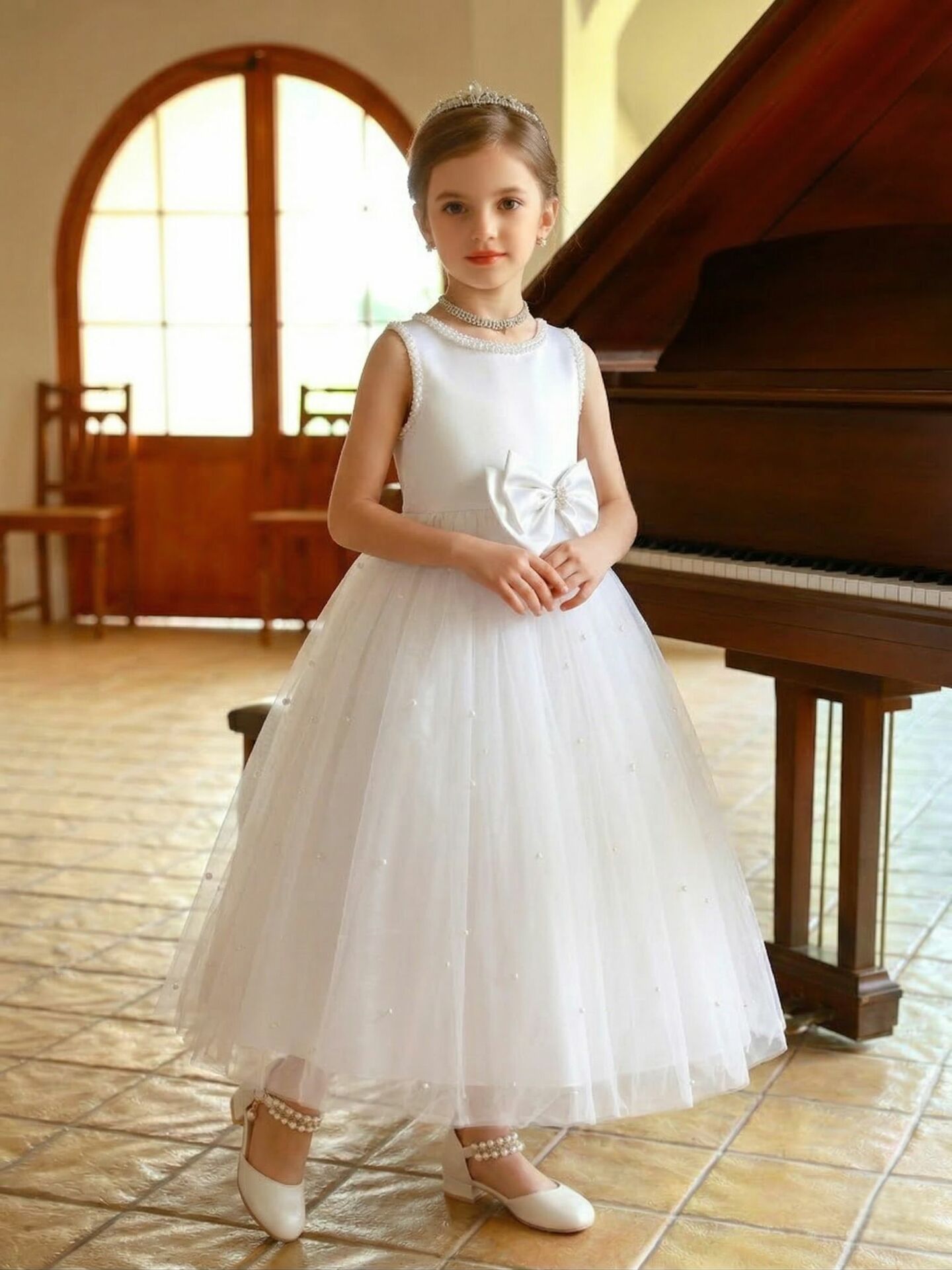 Linda White Pearl-Scattered Tulle Satin Bow Girls Formal Dress | Lucys