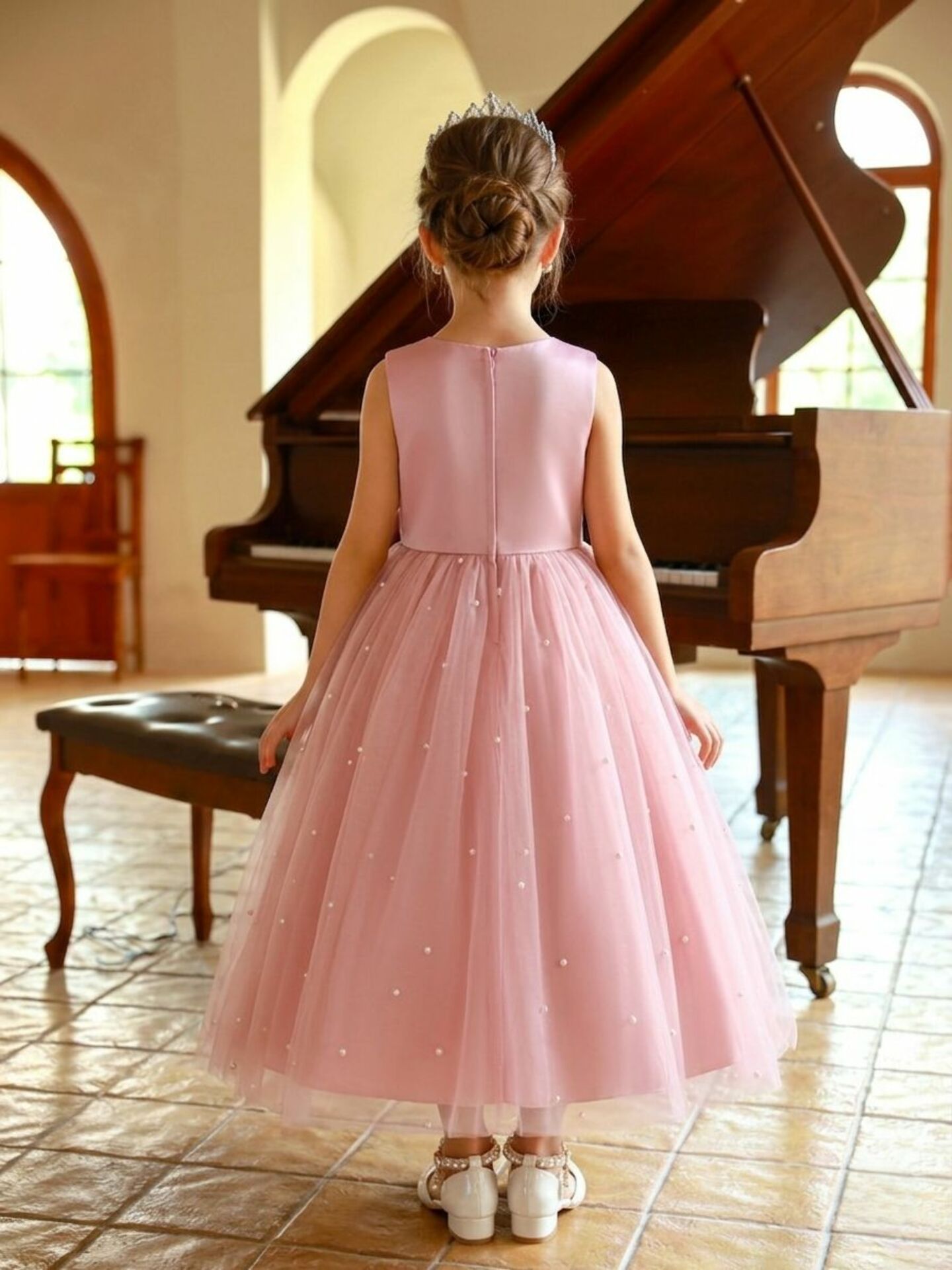 Linda Pink Pearl-Scattered Tulle Satin Bow Girls Formal Dress | Lucys
