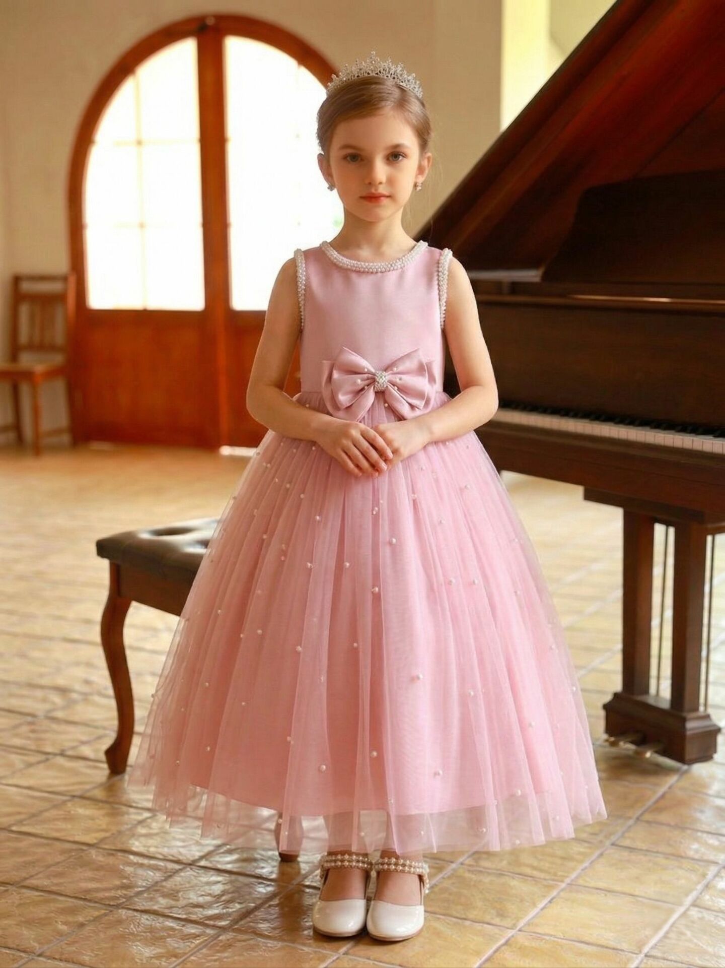 Linda Pink Pearl-Scattered Tulle Satin Bow Girls Formal Dress | Lucys