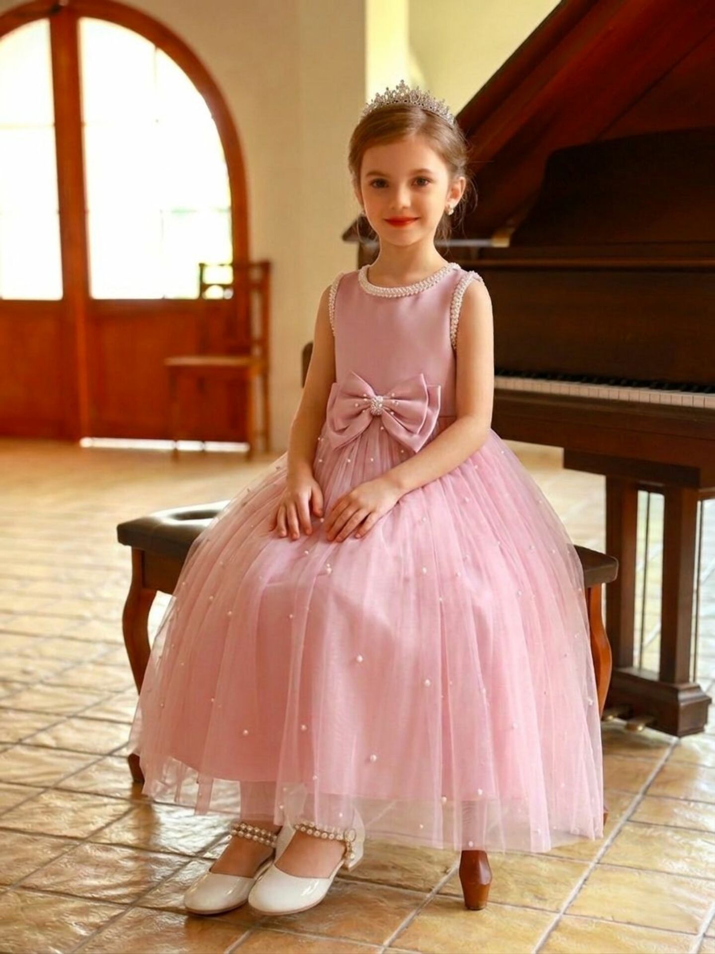 Linda Pink Pearl-Scattered Tulle Satin Bow Girls Formal Dress | Lucys