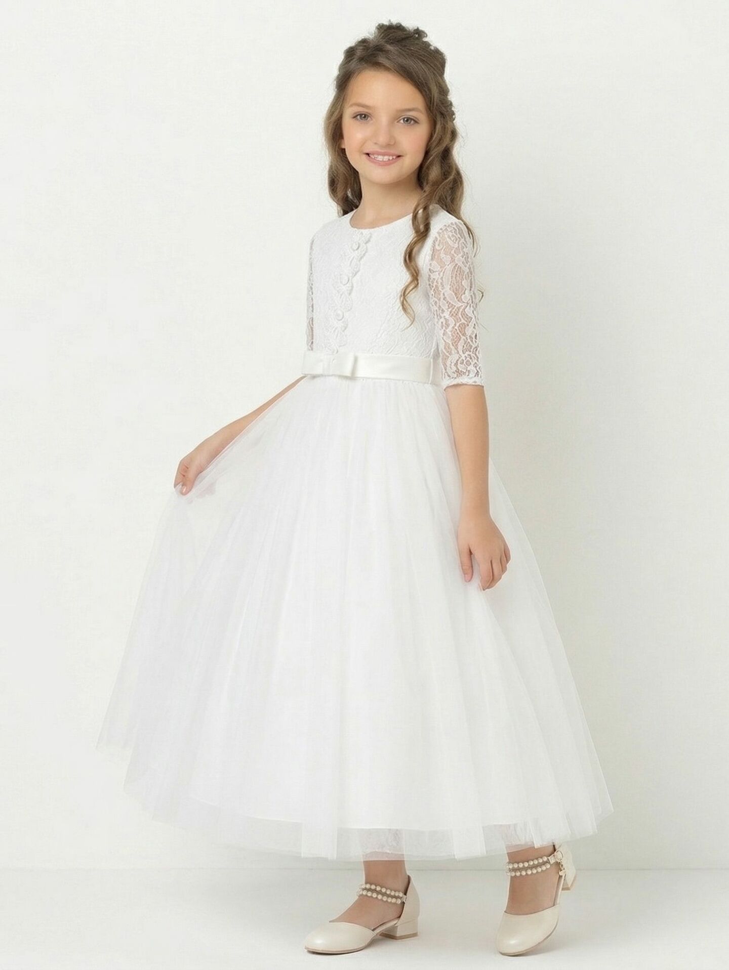 Anita White Floral Lace 3/4 Sleeve First Holy Communion Dress with Tulle Skirt | Lucys