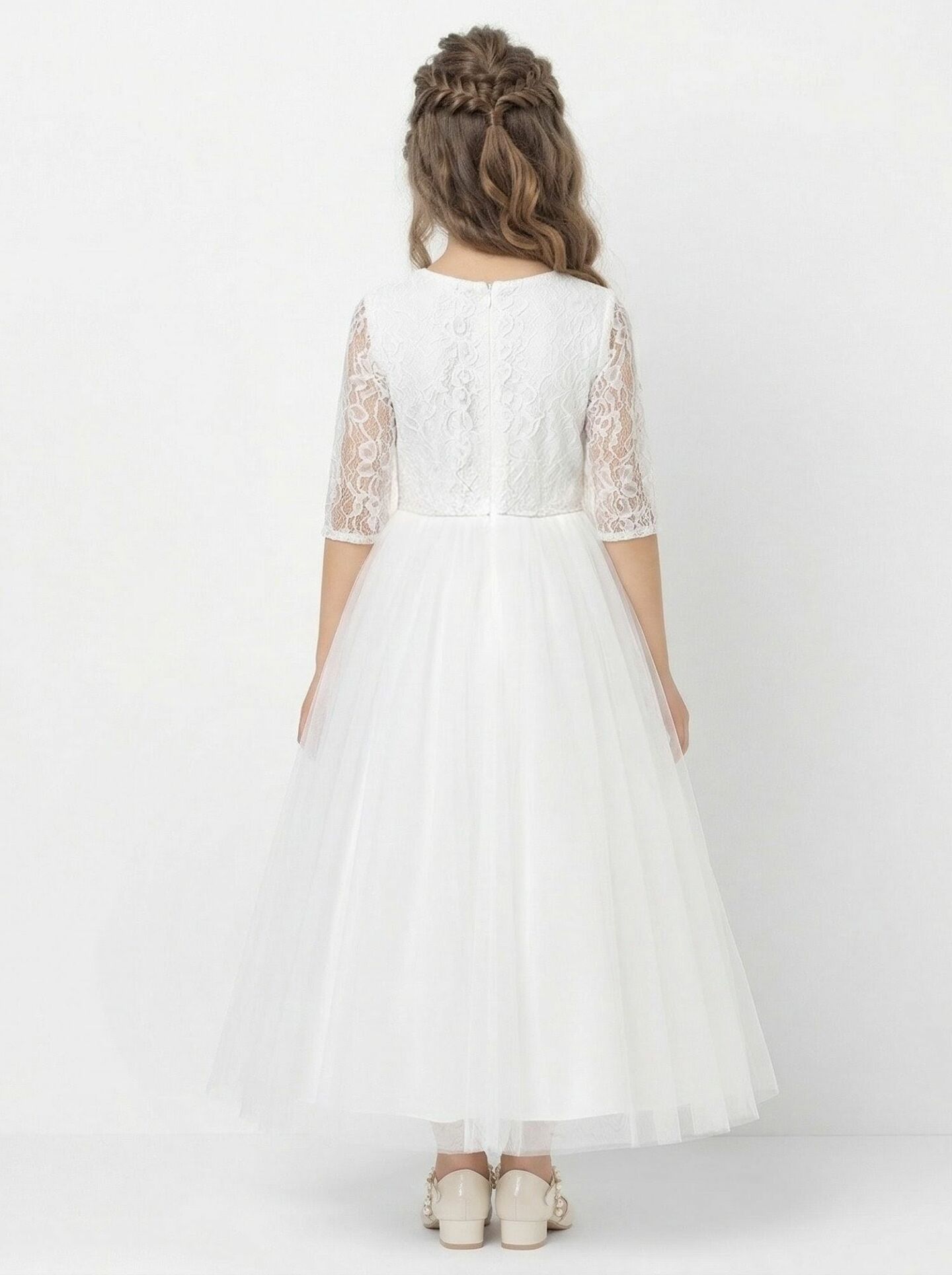 Anita White Floral Lace 3/4 Sleeve First Holy Communion Dress with Tulle Skirt | Lucys