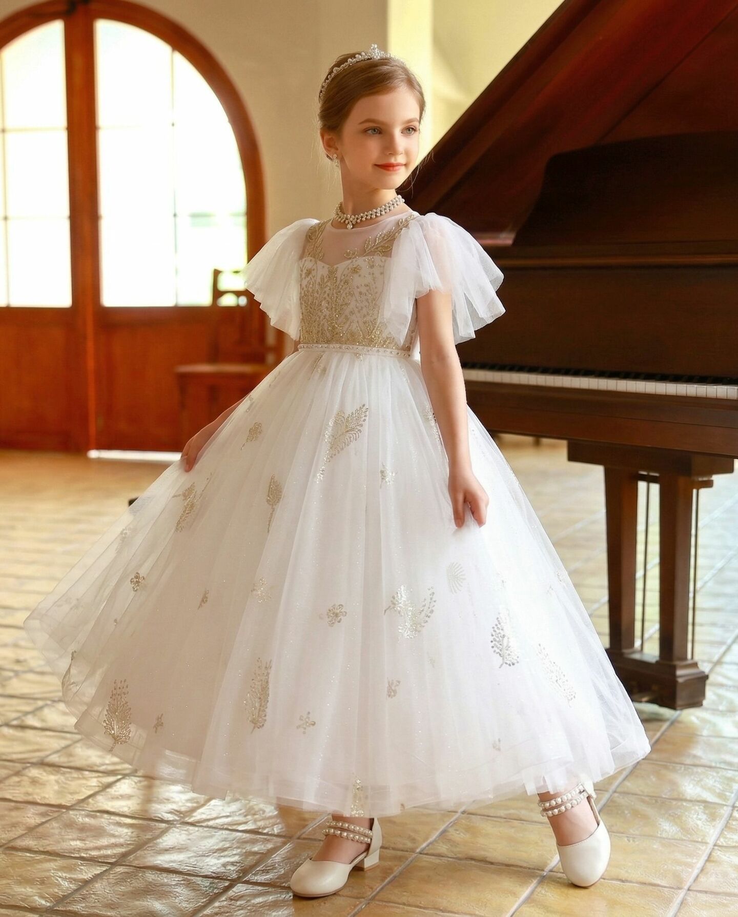 Ariana White Gold Botanical Embroidery Flutter Sleeve Girls Formal Dress | Lucys