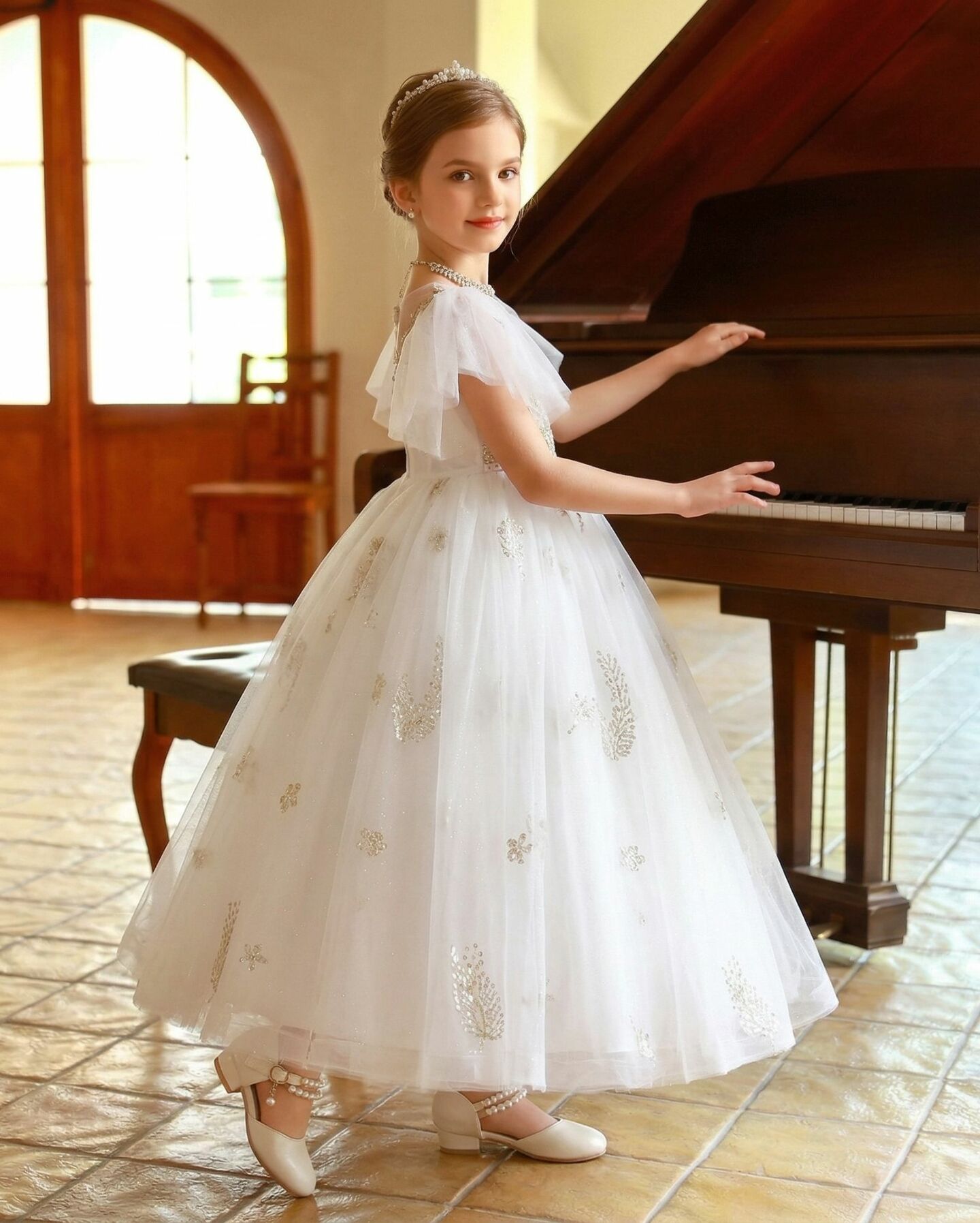 Ariana White Gold Botanical Embroidery Flutter Sleeve Girls Formal Dress | Lucys