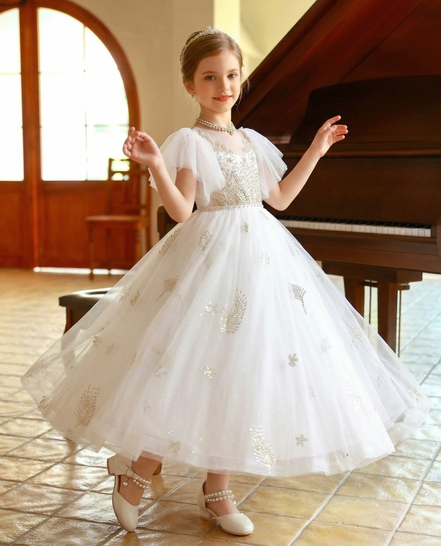 Ariana White Gold Botanical Embroidery Flutter Sleeve Girls Formal Dress | Lucys