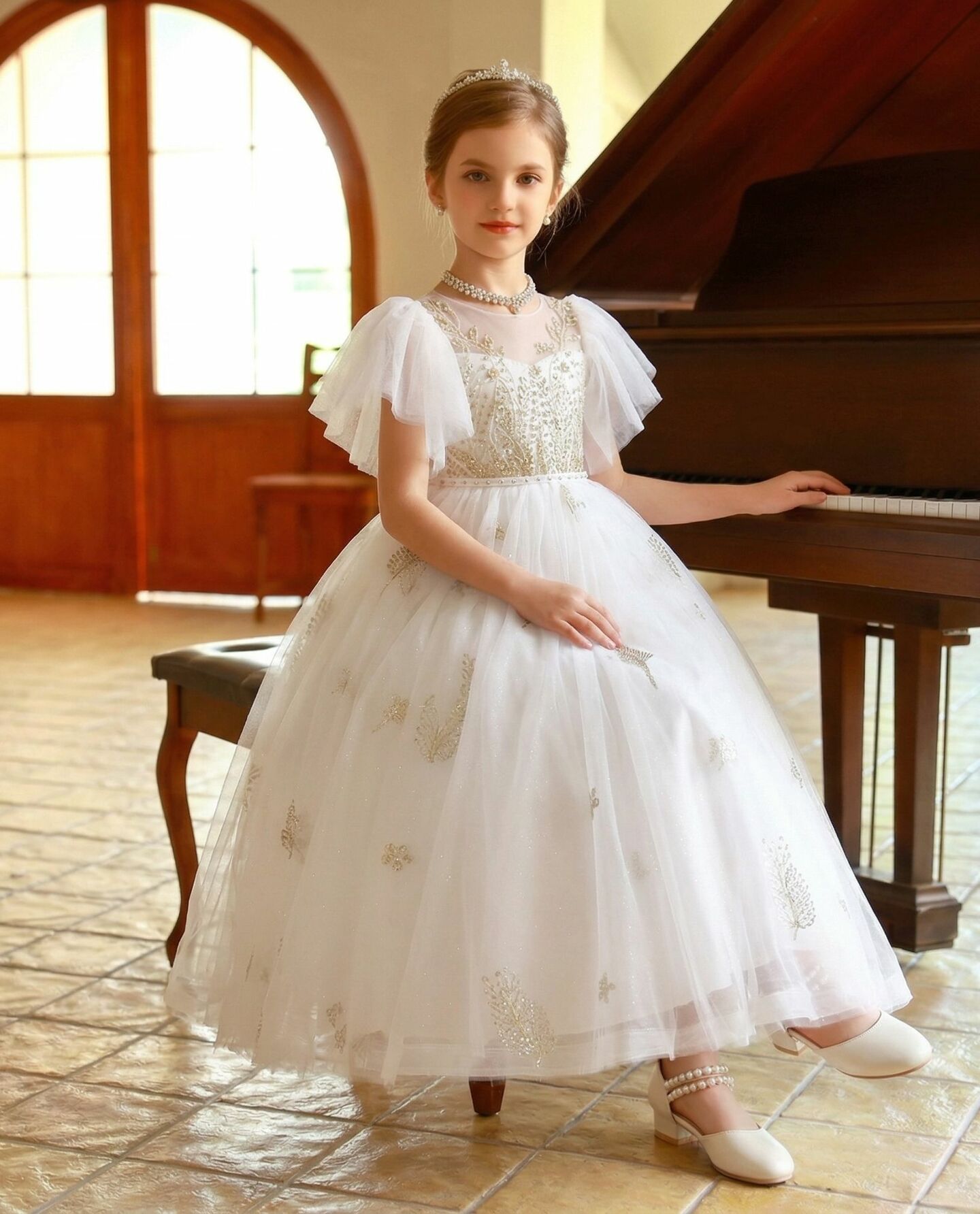 Ariana White Gold Botanical Embroidery Flutter Sleeve Girls Formal Dress | Lucys