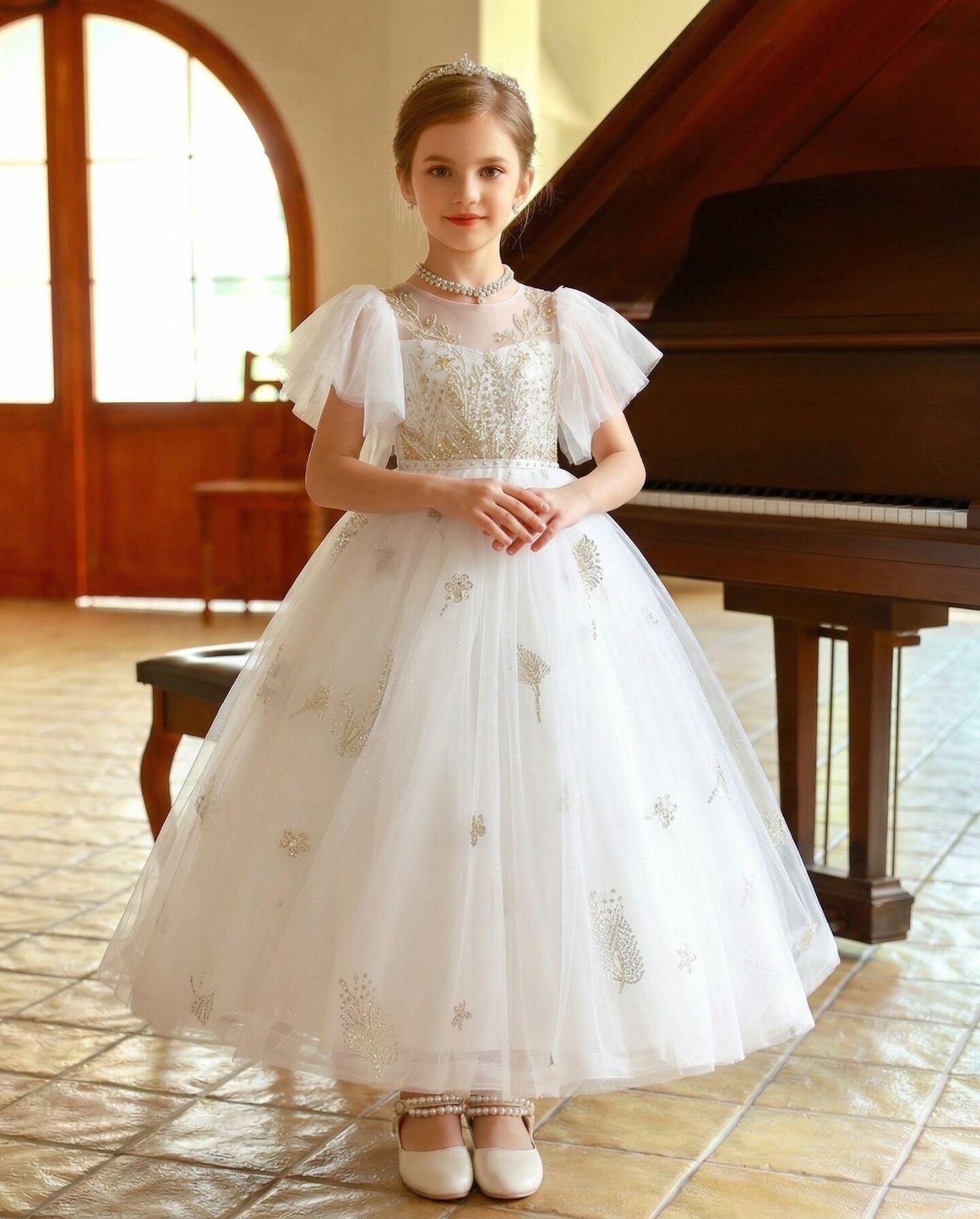 Ariana White Gold Botanical Embroidery Flutter Sleeve Girls Formal Dress | Lucys