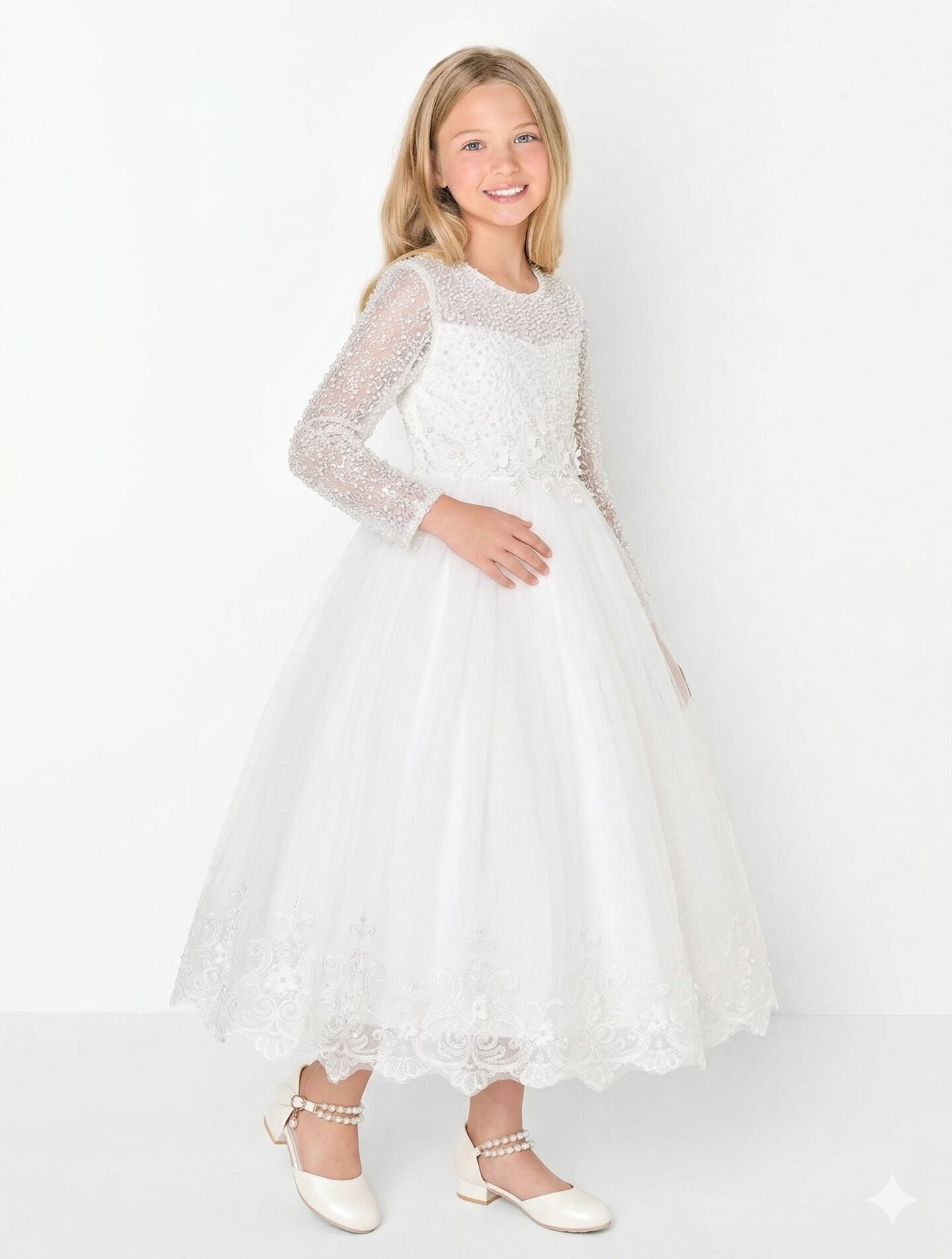 Estelle White Sheer Lace Long Sleeve First Holy Communion Dress with Scalloped Hem | Lucys