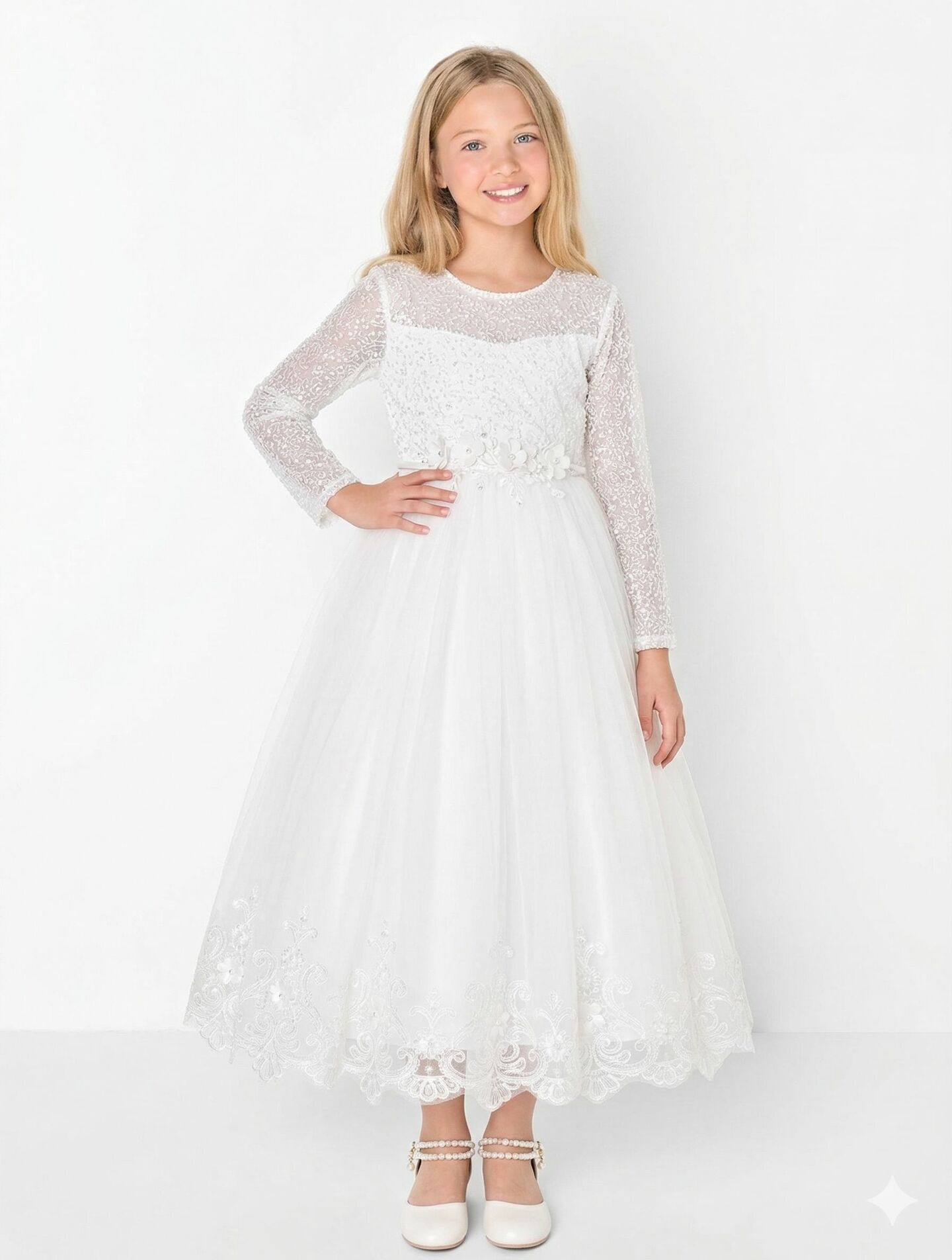 Estelle White Sheer Lace Long Sleeve First Holy Communion Dress with Scalloped Hem | Lucys