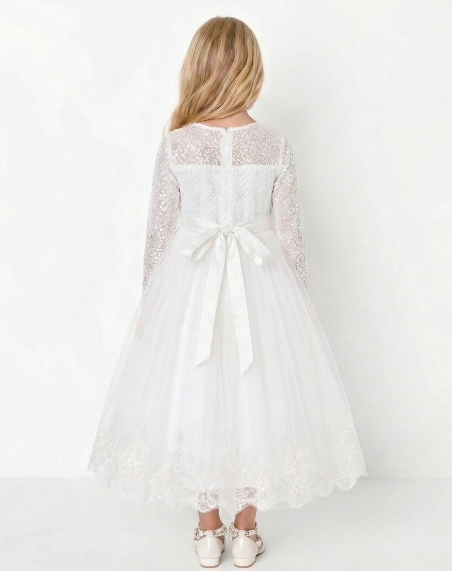 Estelle White Sheer Lace Long Sleeve First Holy Communion Dress with Scalloped Hem | Lucys