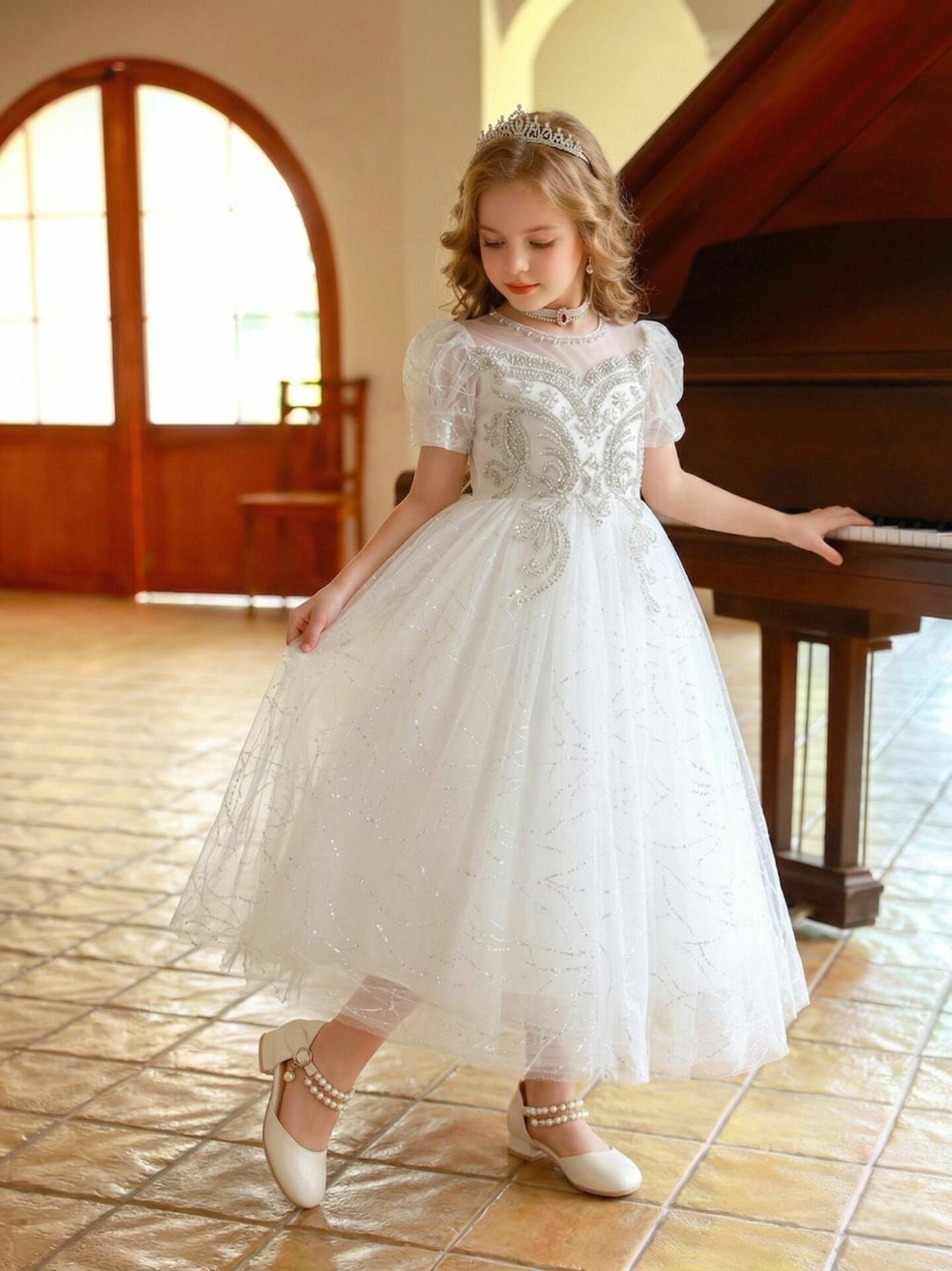 Leah White Silver Crystal Baroque Bodice Glitter Tulle Girls Formal Dress | Lucys
