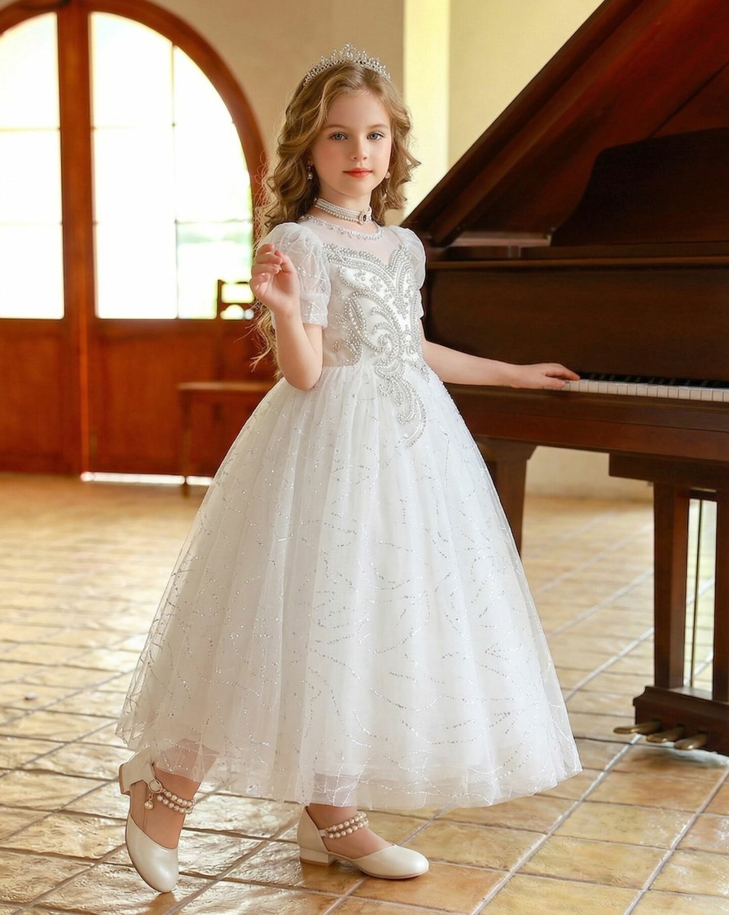 Leah White Silver Crystal Baroque Bodice Glitter Tulle Girls Formal Dress | Lucys