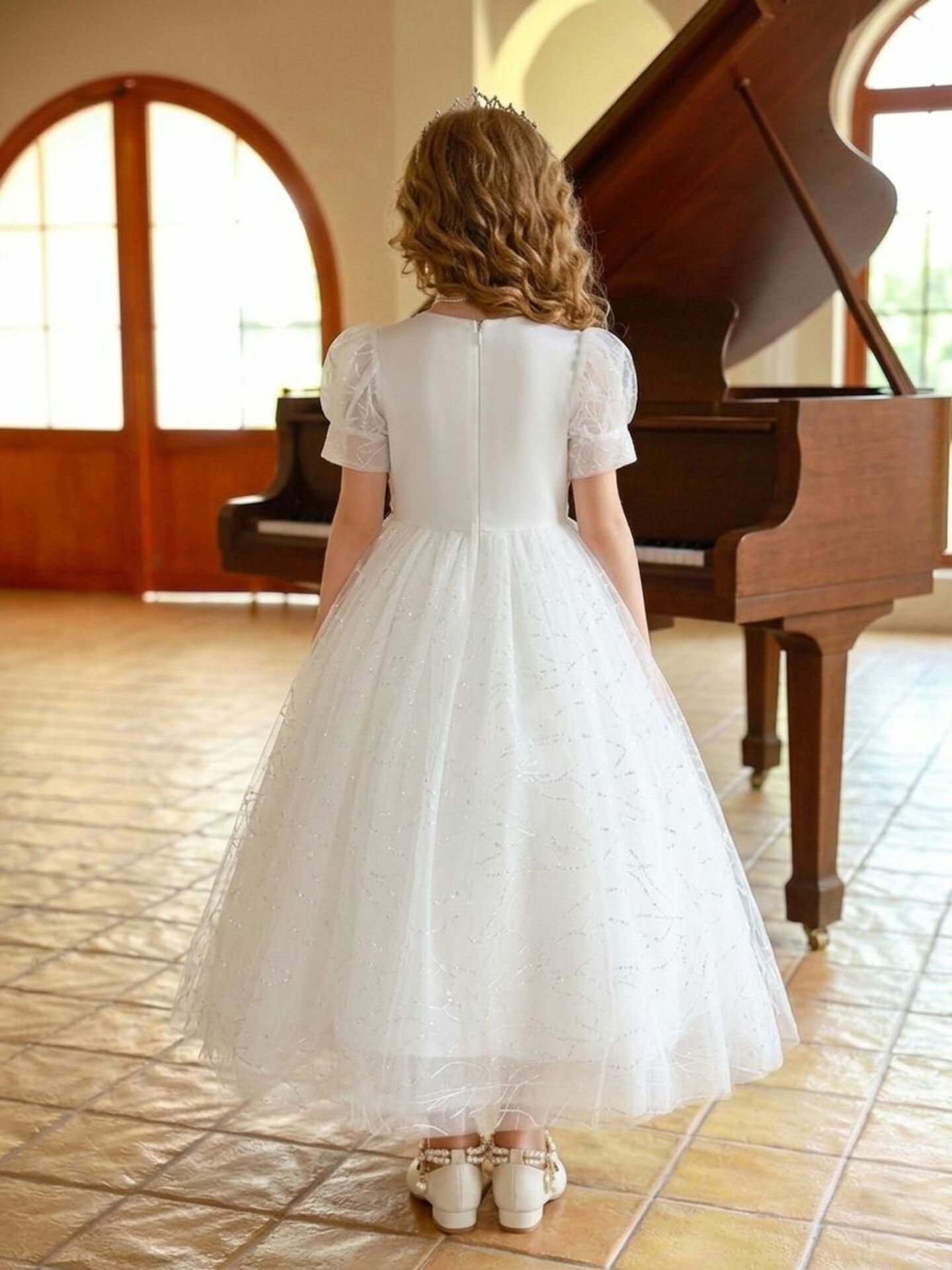 Leah White Silver Crystal Baroque Bodice Glitter Tulle Girls Formal Dress | Lucys