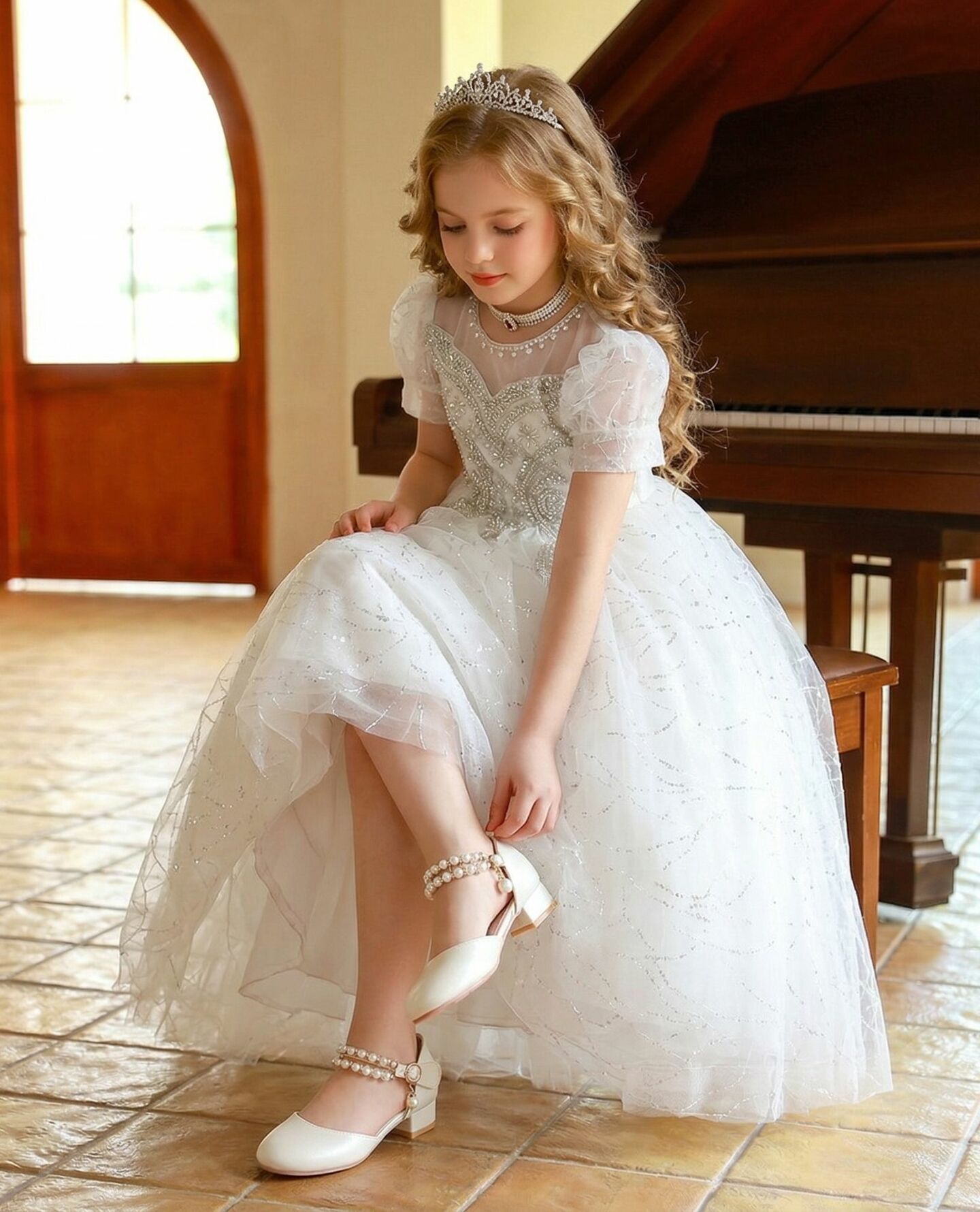 Leah White Silver Crystal Baroque Bodice Glitter Tulle Girls Formal Dress | Lucys