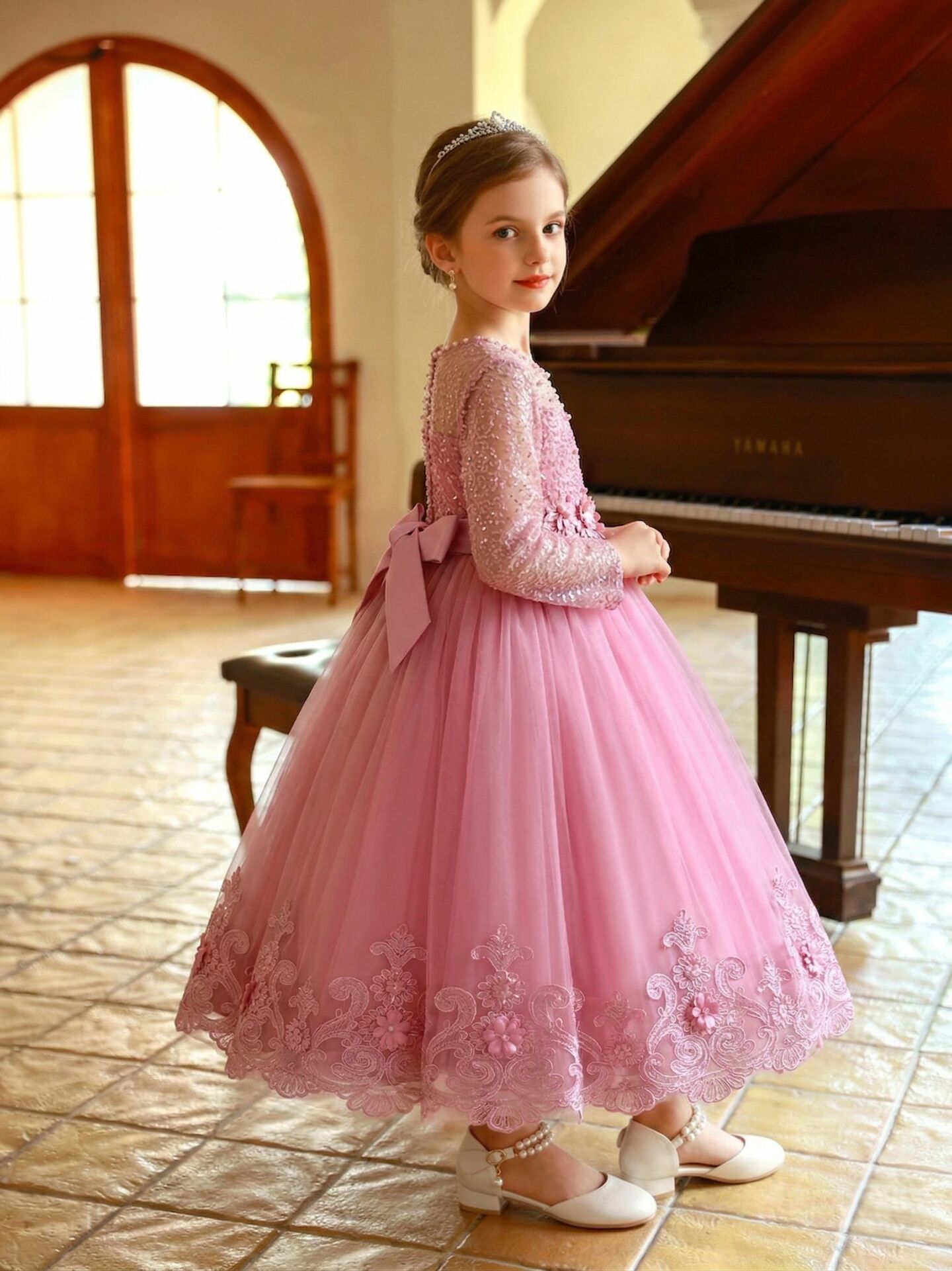 Estelle Dusty Pink Pearl Beaded Long Sleeve Girls Formal Dress with Scalloped Lace Hem | Lucys