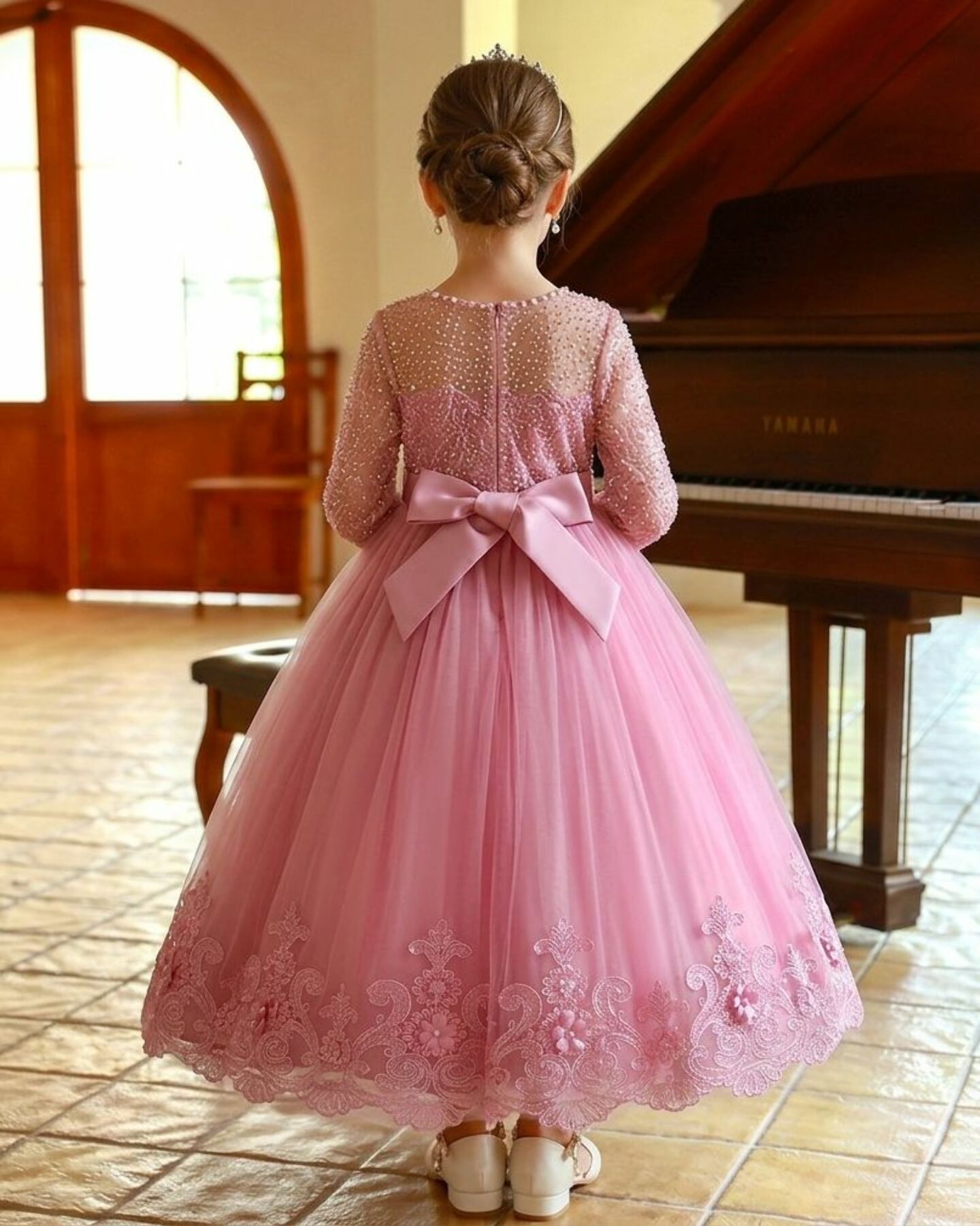 Estelle Dusty Pink Pearl Beaded Long Sleeve Girls Formal Dress with Scalloped Lace Hem | Lucys
