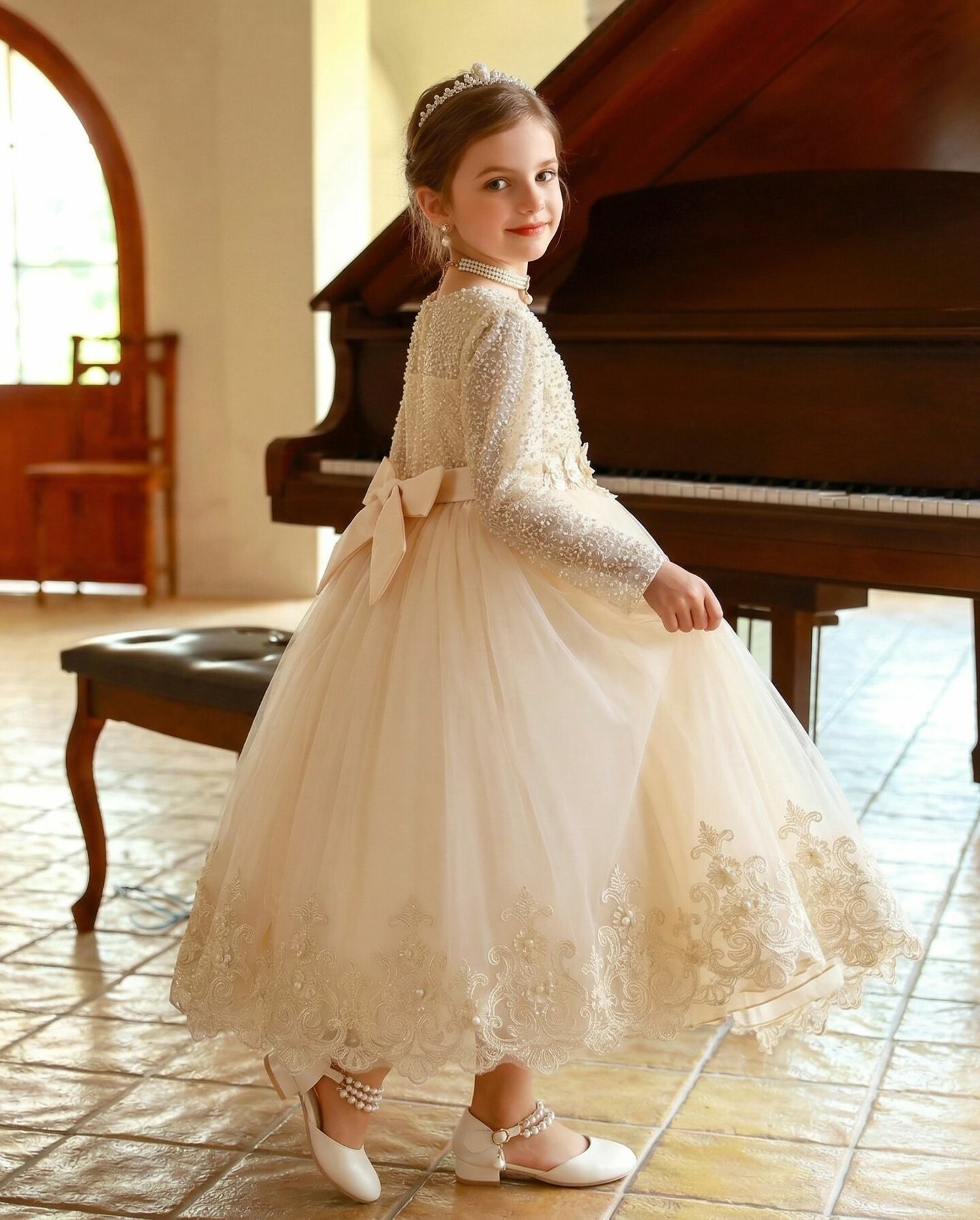 Estelle Champagne Pearl Beaded Long Sleeve Girls Formal Dress with Scalloped Lace Hem | Lucys