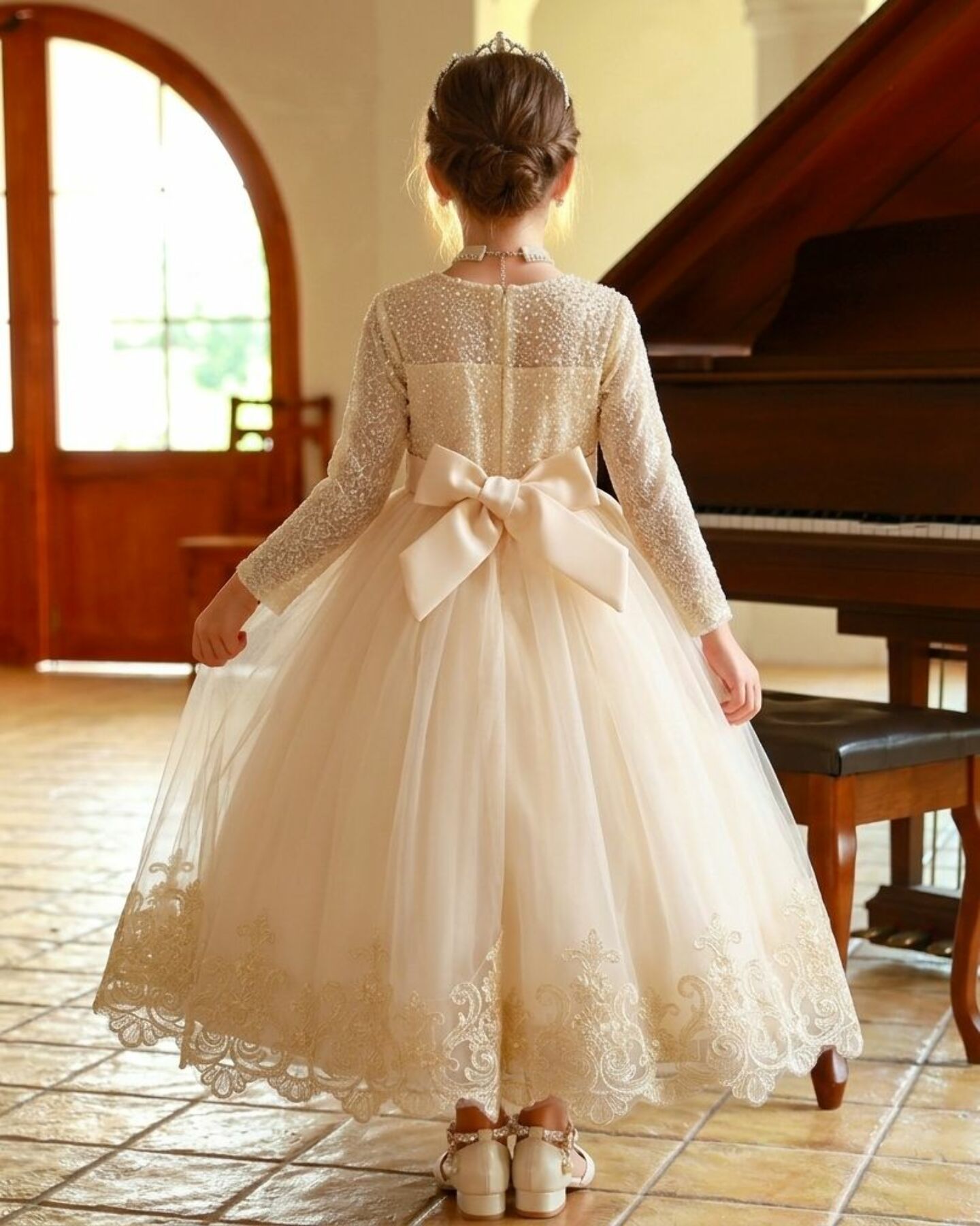 Estelle Champagne Pearl Beaded Long Sleeve Girls Formal Dress with Scalloped Lace Hem | Lucys