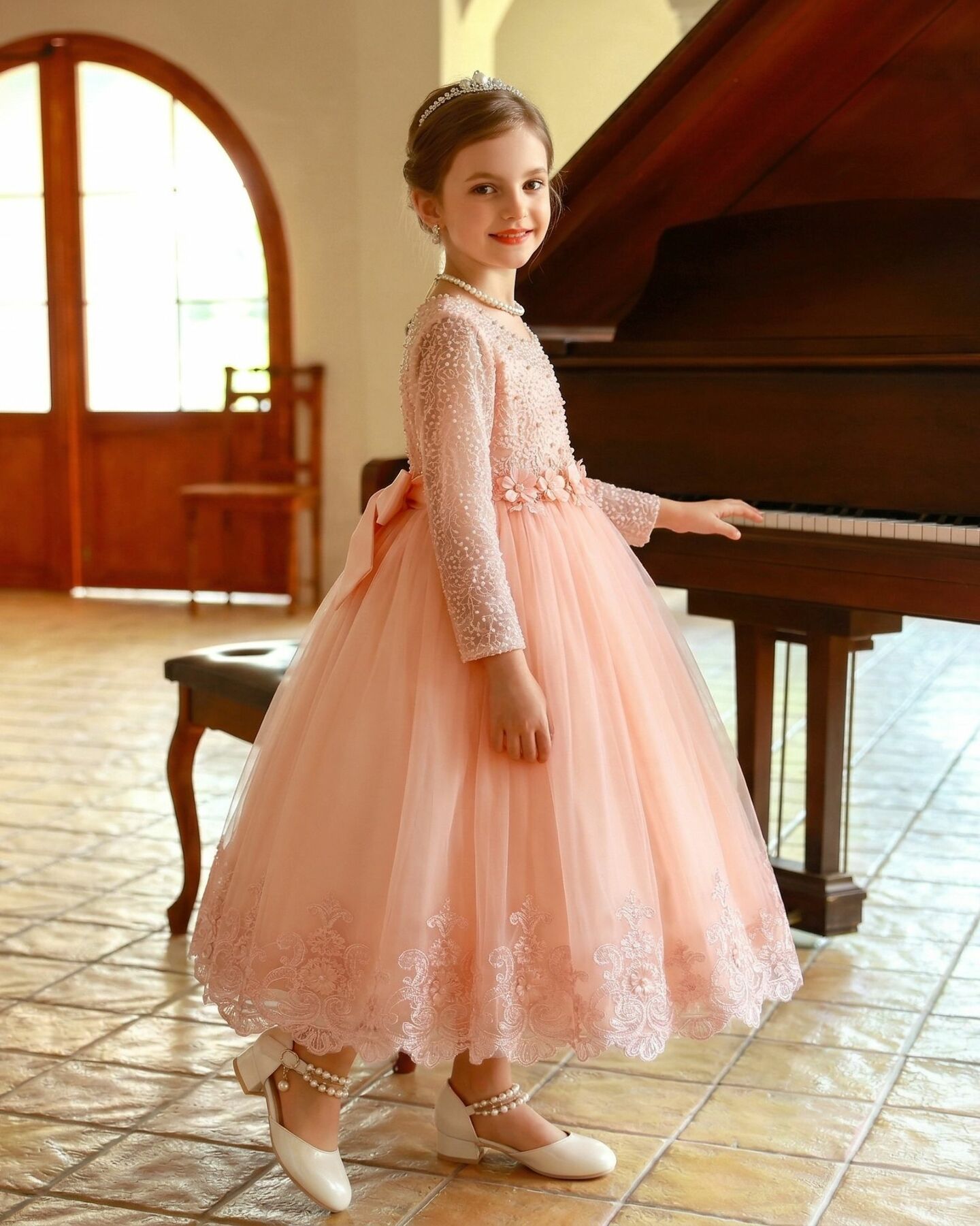 Estelle Peach Pearl Beaded Long Sleeve Girls Formal Dress with Scalloped Lace Hem | Lucys