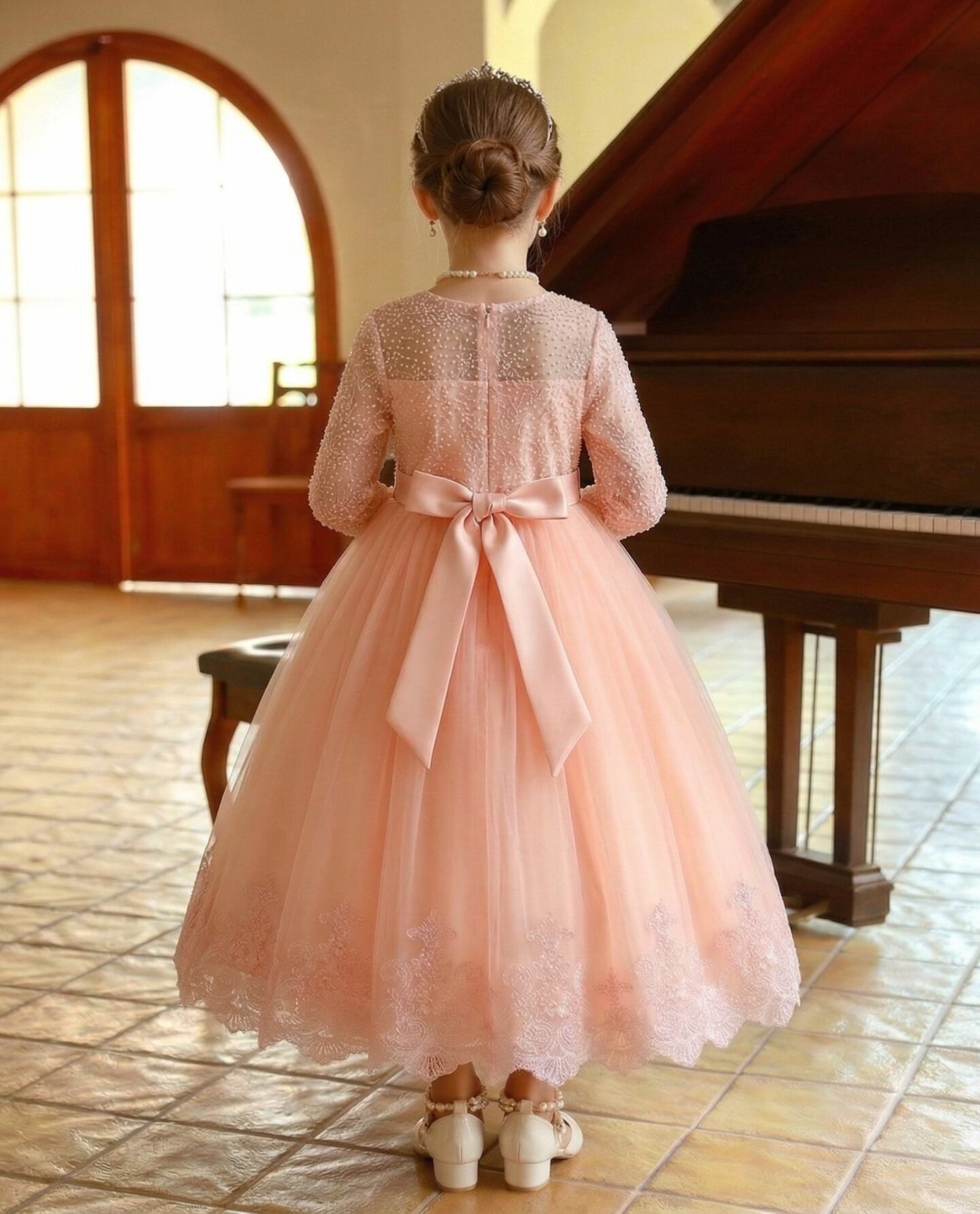 Estelle Peach Pearl Beaded Long Sleeve Girls Formal Dress with Scalloped Lace Hem | Lucys