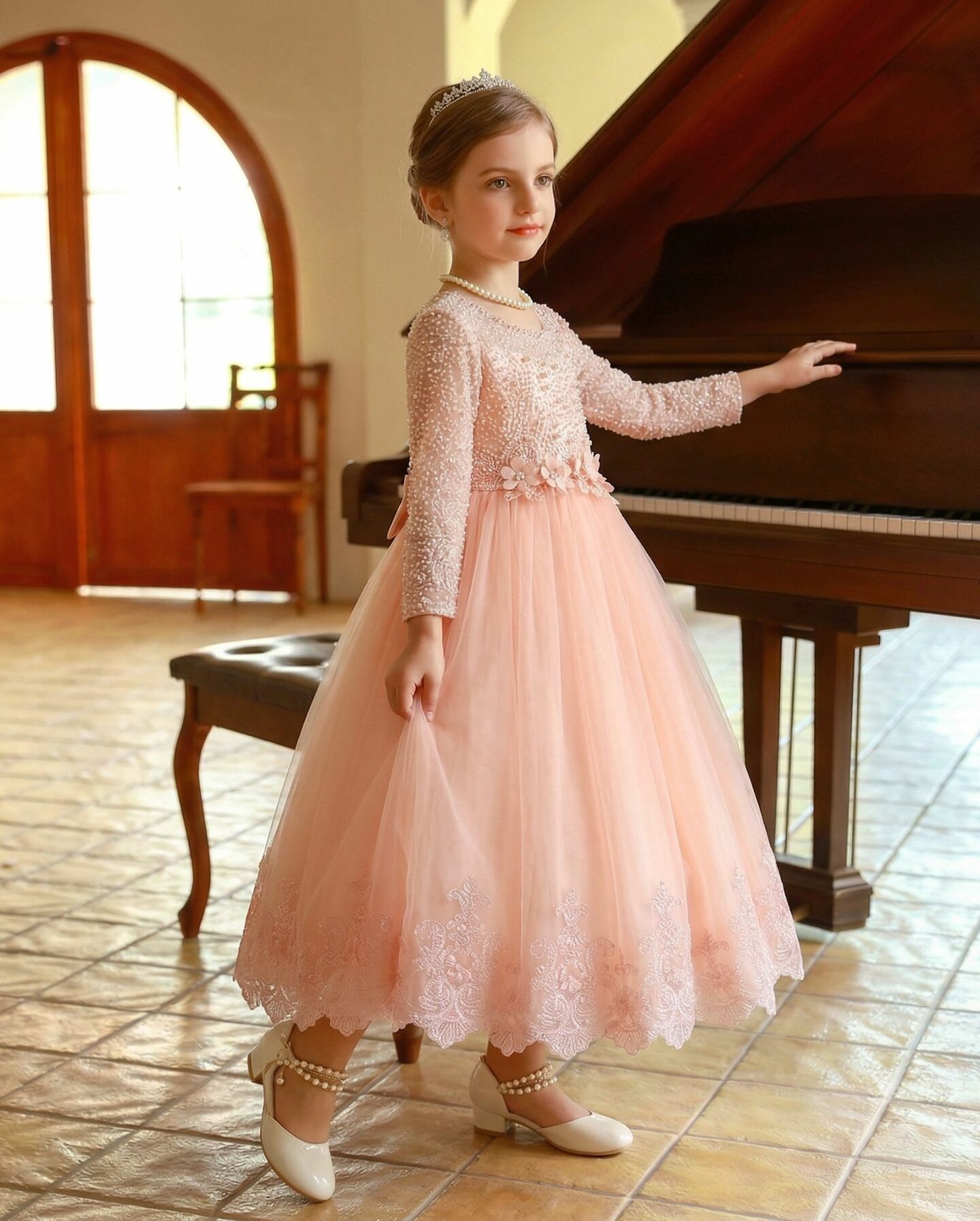 Estelle Peach Pearl Beaded Long Sleeve Girls Formal Dress with Scalloped Lace Hem | Lucys